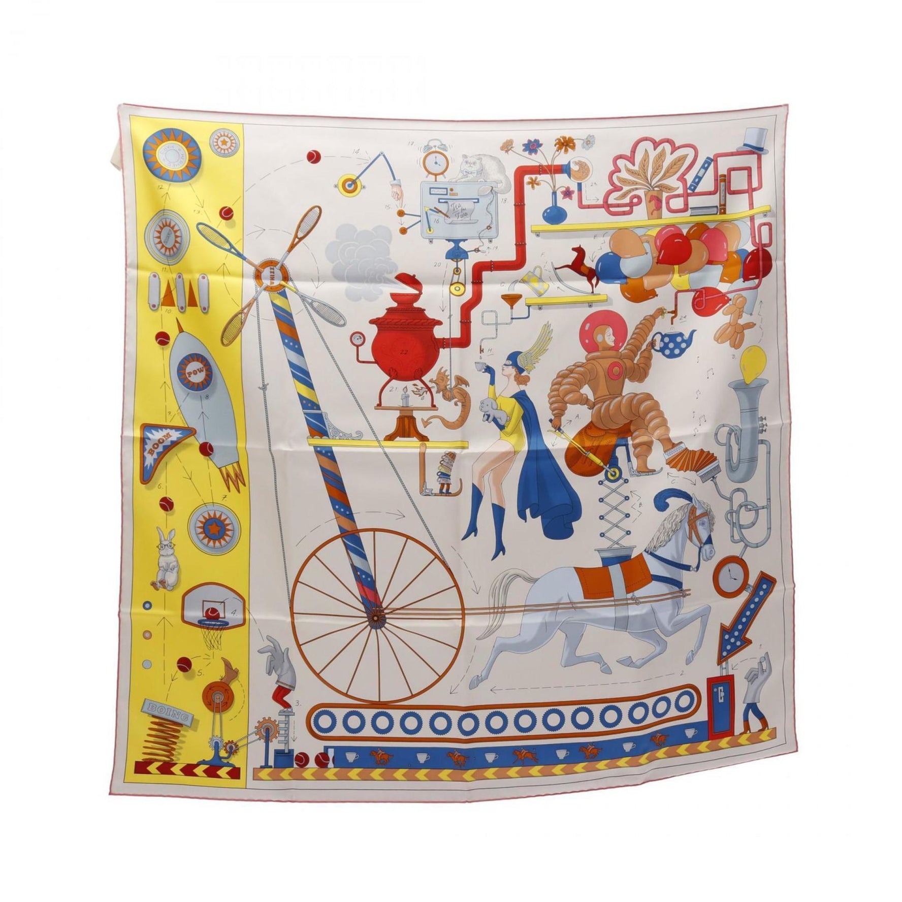 Hermes Carre 90 TEA FOR TWO Scarf Silk White Pink Multicolor