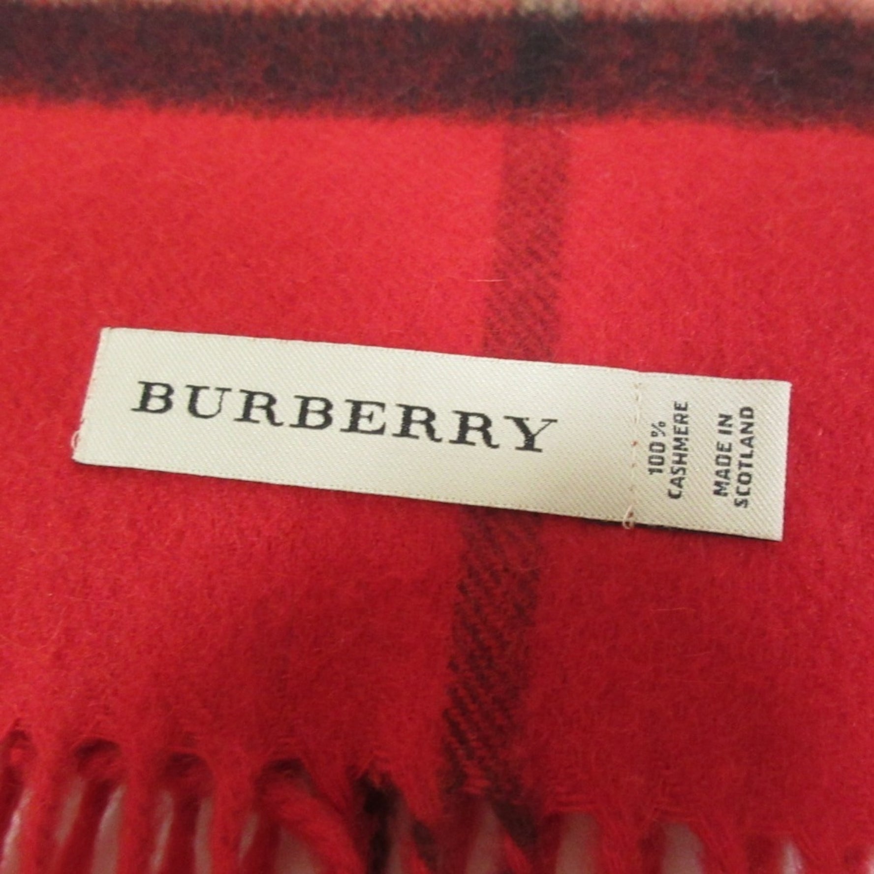 BURBERRY 100% Cashmere Check Pattern Fringe Scarf Stole Red