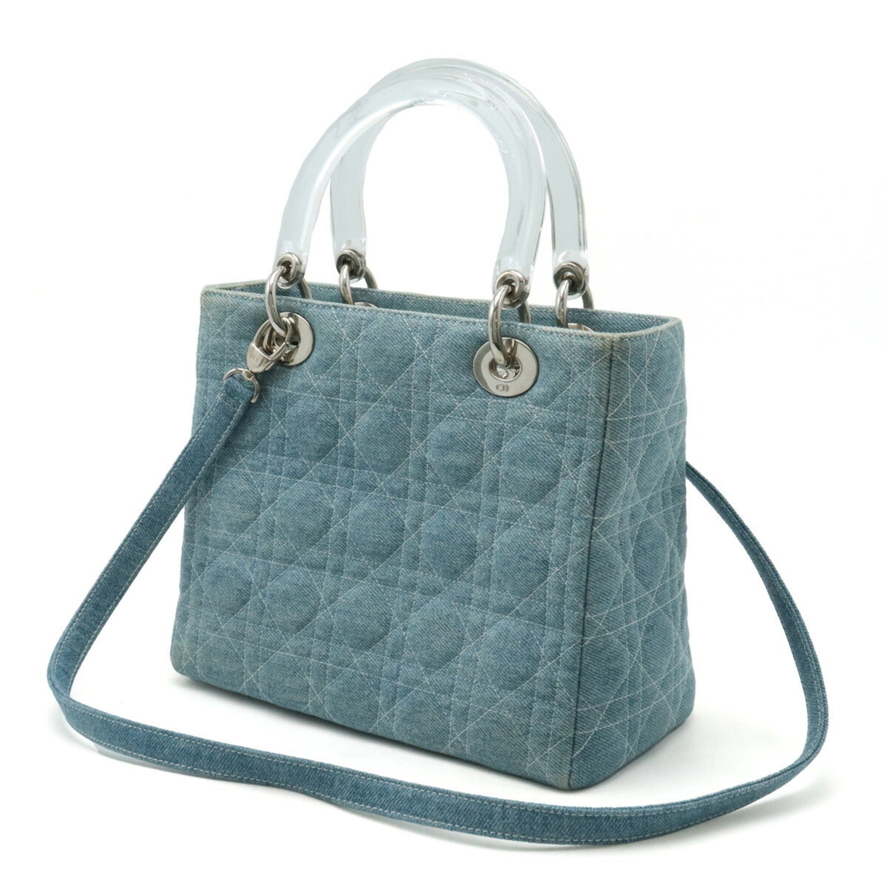 Christian Dior Lady Cannage Handbag Shoulder Bag Denim Light Blue Clear