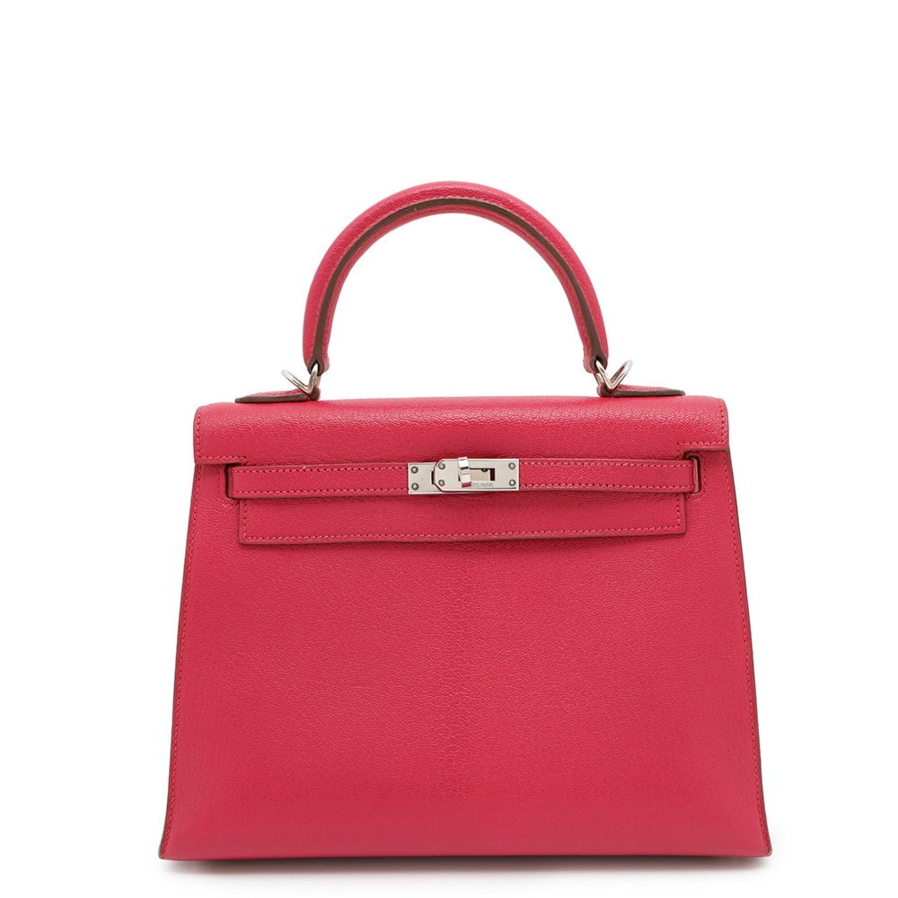 Hermes Hermès Kelly 25 Handbag, Outside Stitching, Raspberry Chevre Mysore, □F Stamp, Shoulder Bag