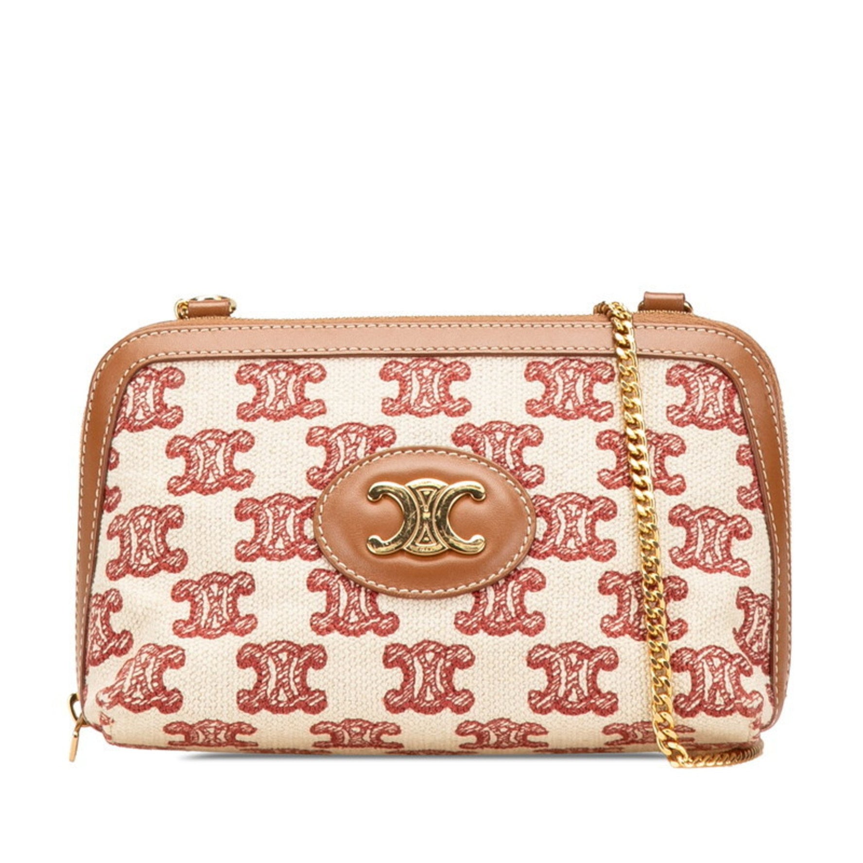 Celine Triomphe Chain Shoulder Bag in Beige and Brown Canvas Leather .