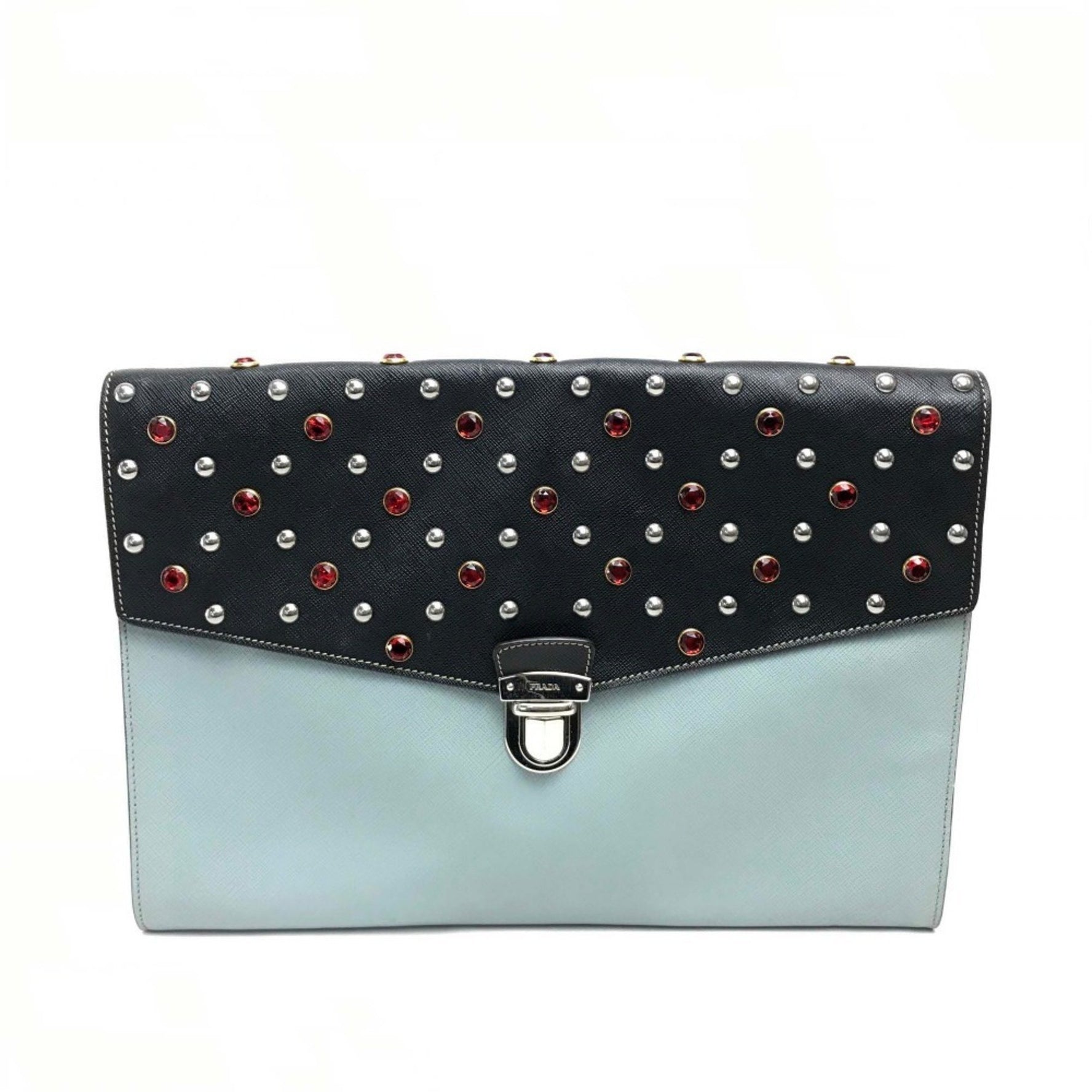 PRADA Saffiano Jewel x Studs Flap Clutch Bag Leather Men's Black