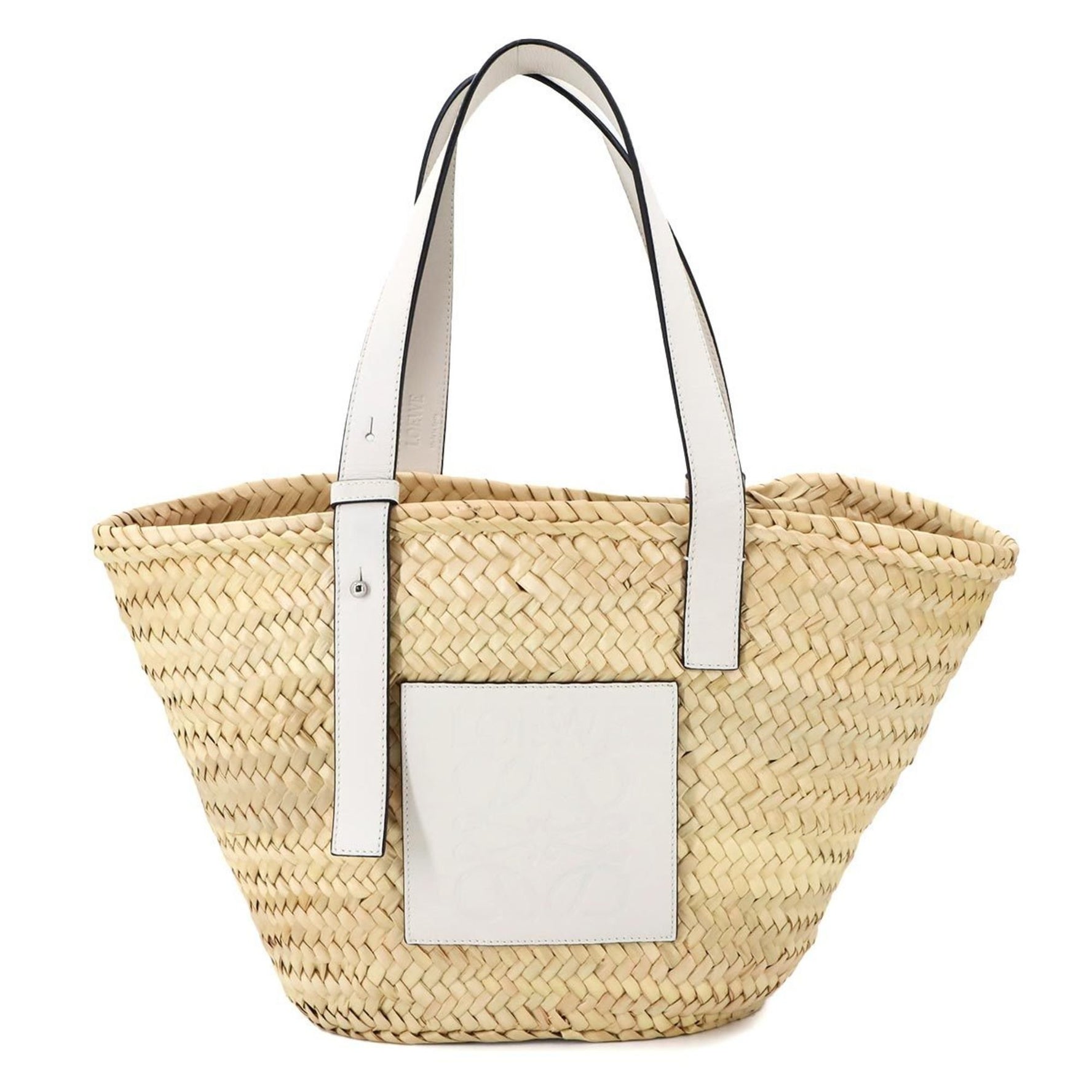LOEWE Basket Bag Tote Raffia Leather Natural Tan White Silver Hardware