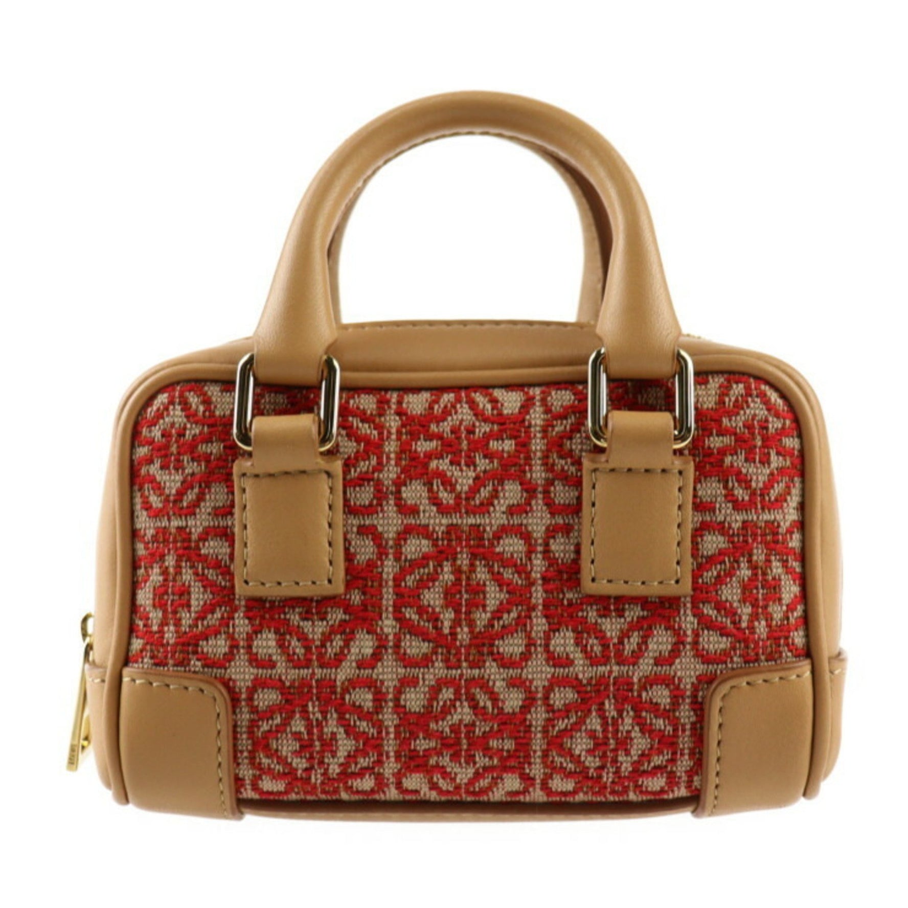 LOEWE Amazona Nano Handbag Canvas Calf Leather Red Light Brown Chain Shoulder Bag Pochette Pouch