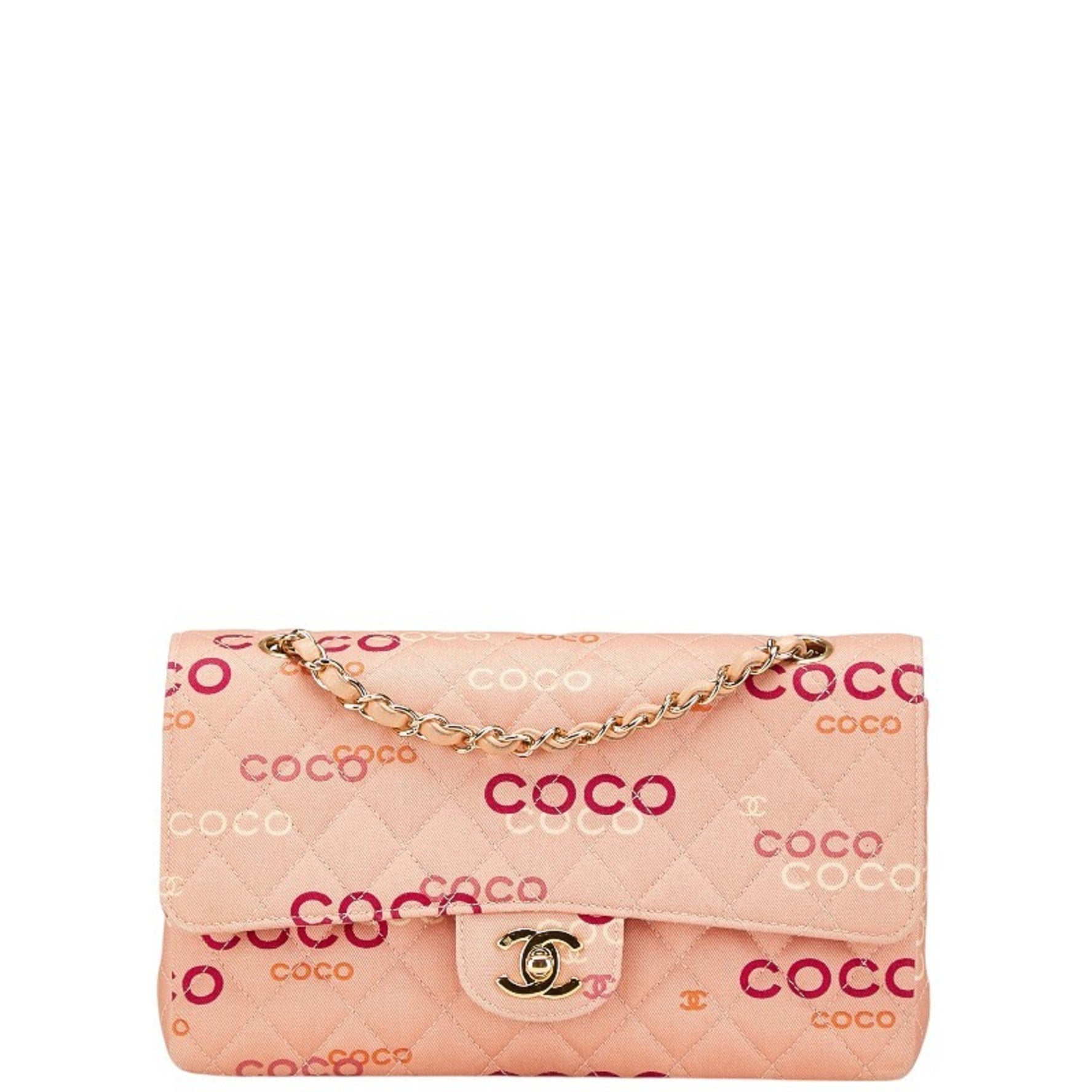 Chanel Coco Mark COCO Print Double Flap Chain Shoulder Bag Salmon Pink Multicolor Canvas