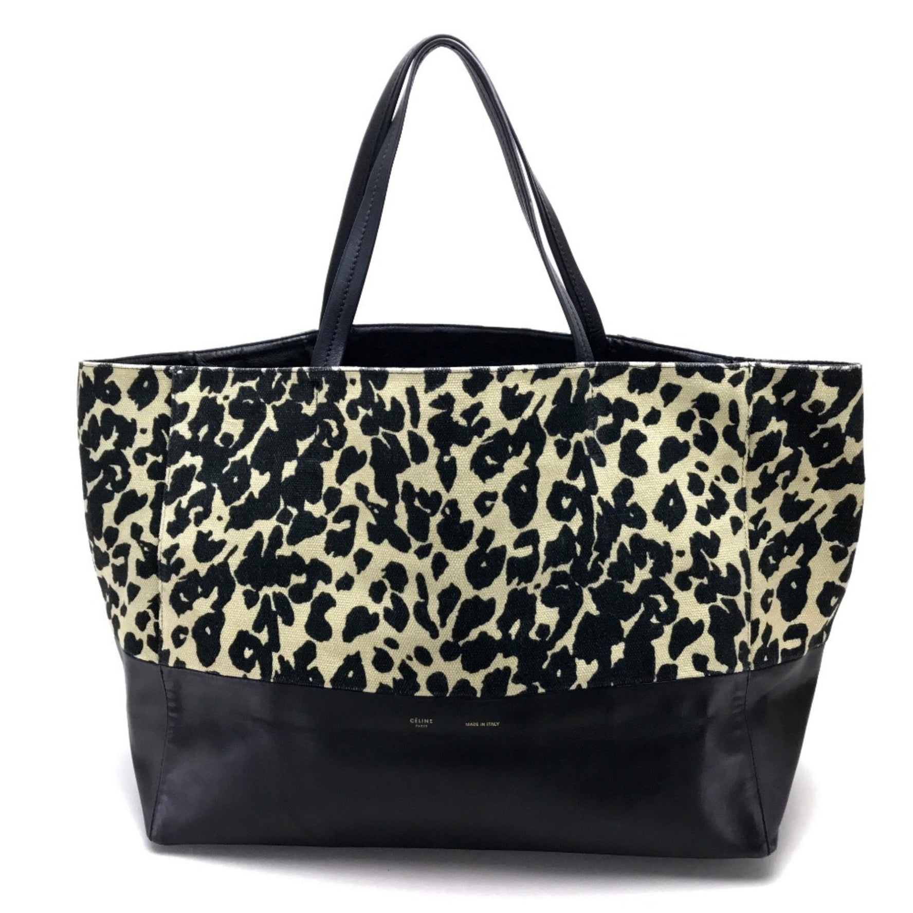CELINE Leopard Horizontal Cabas Tote Bag Canvas Leather Black x Beige