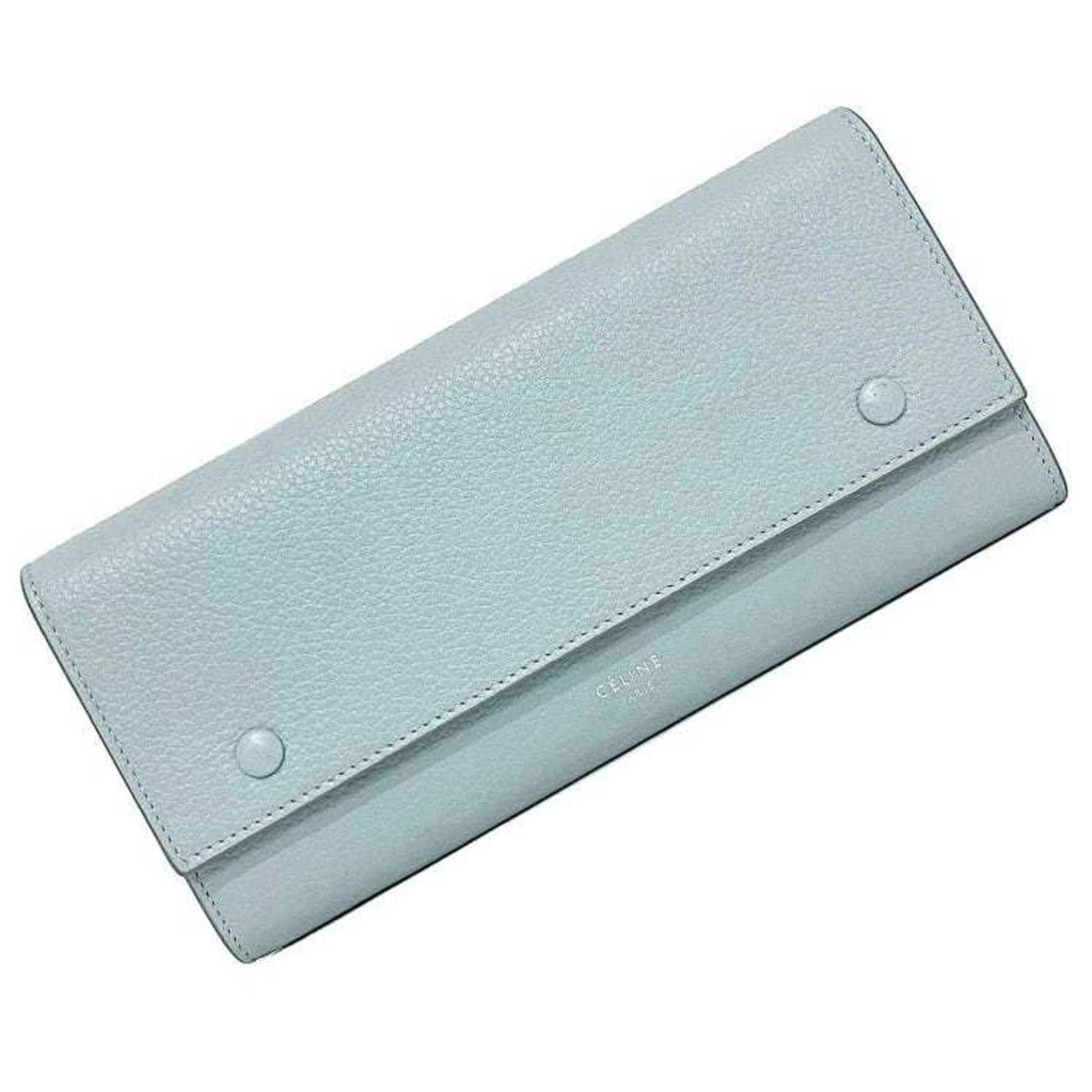 CELINE Bifold Long Wallet Large Flap Multi-Function Light Blue Leather Grain