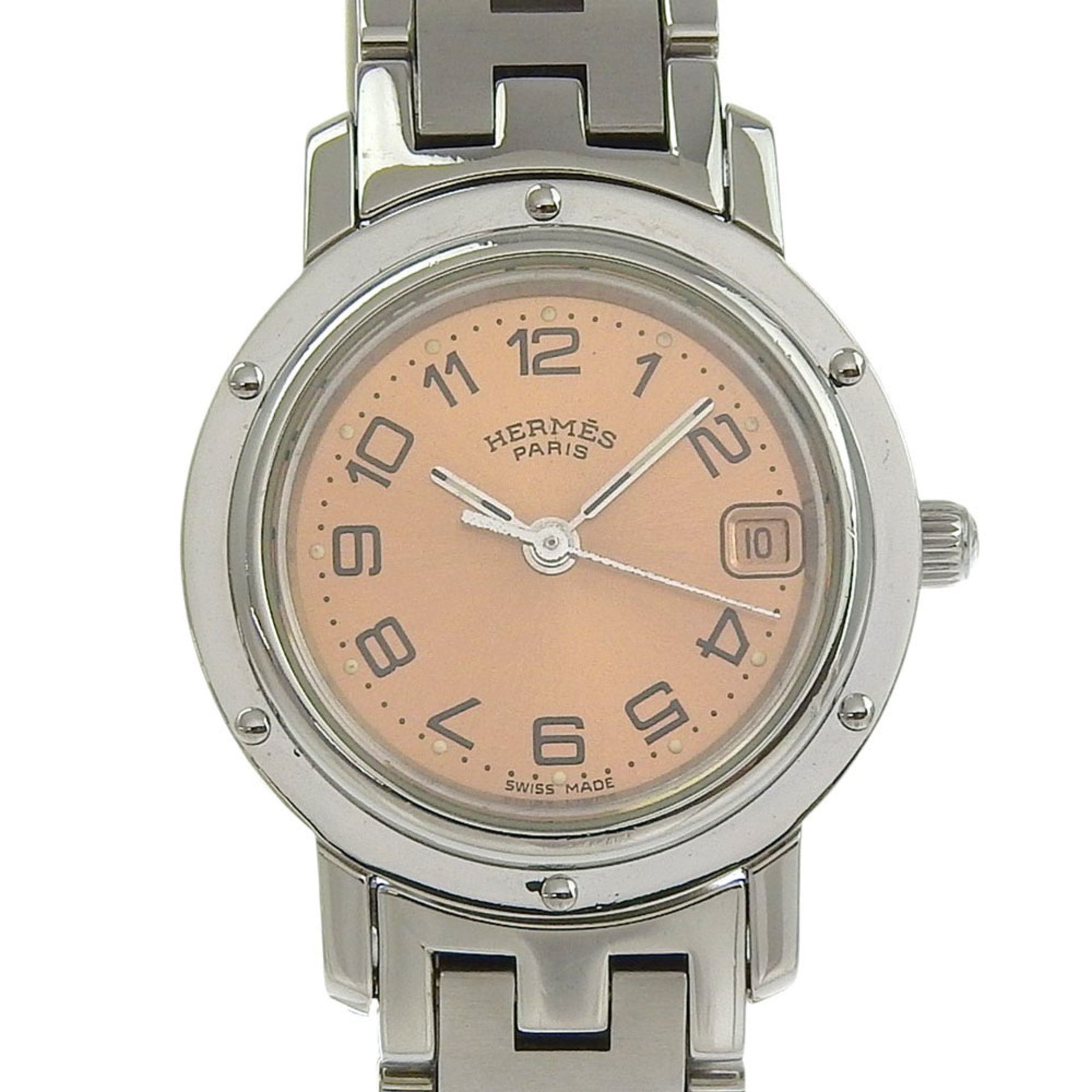 Hermès Clipper Watch Stainless Steel Quartz Analog Display, Pink Dial