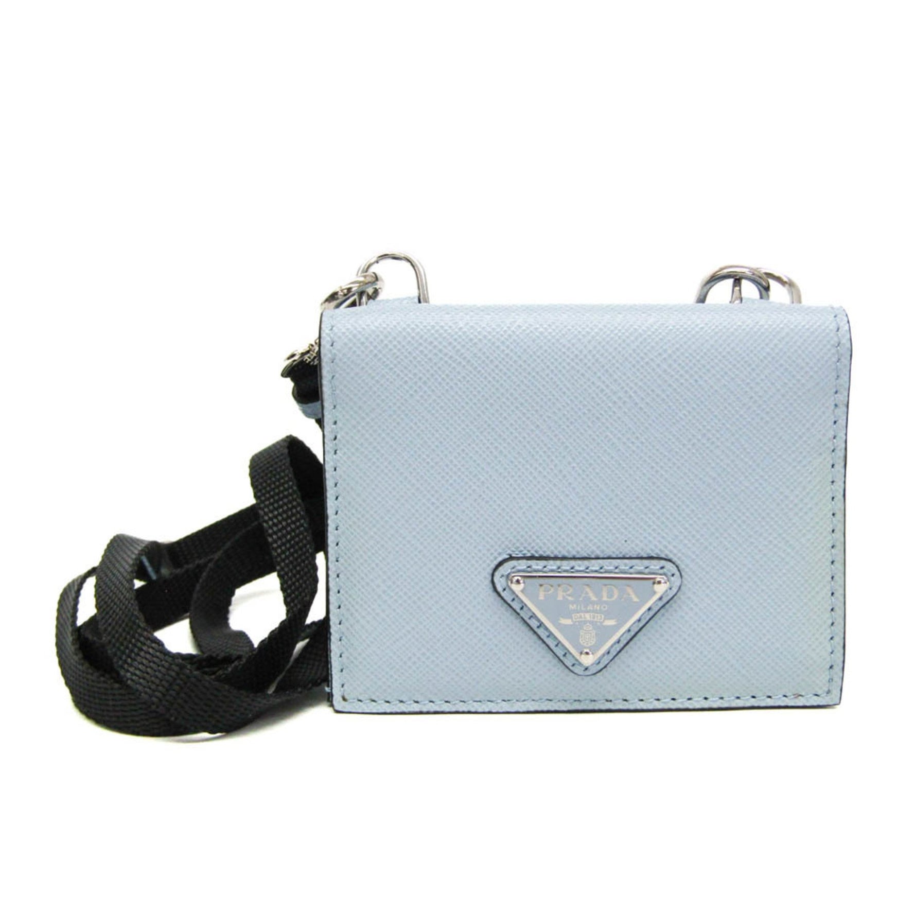 Prada Saffiano Card Case With Neck Strap, Triangle Logo Leather Coin Purse/coin Case