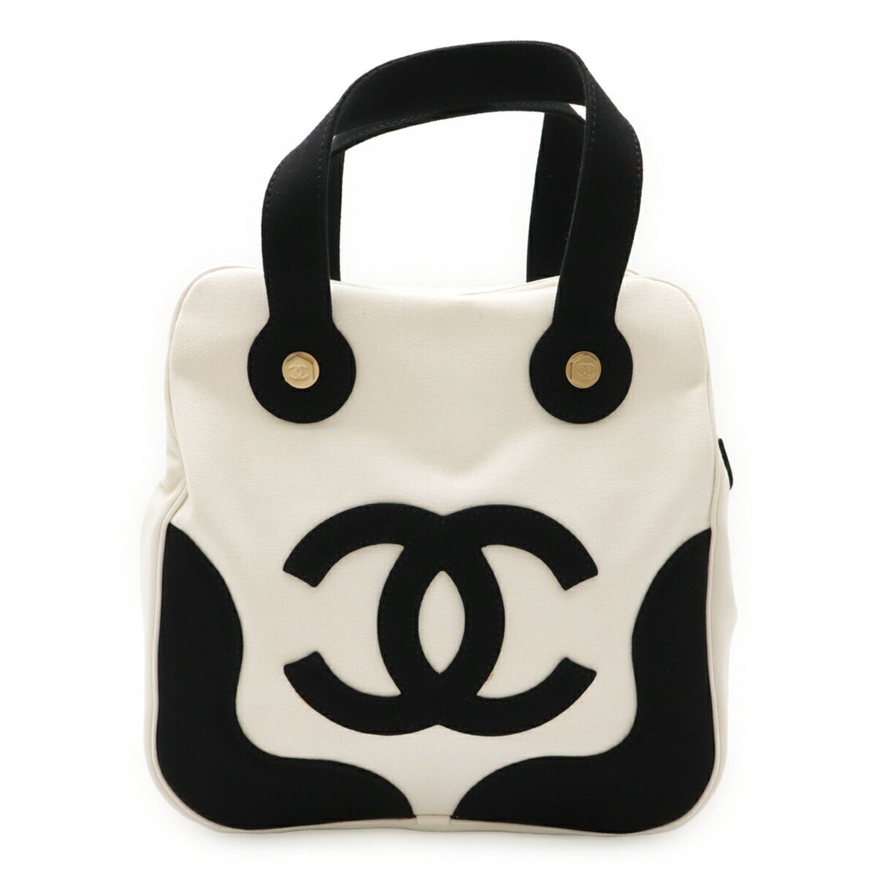 CHANEL Coco Mark Marshmallow Bag Tote Handbag Canvas Ivory White Black