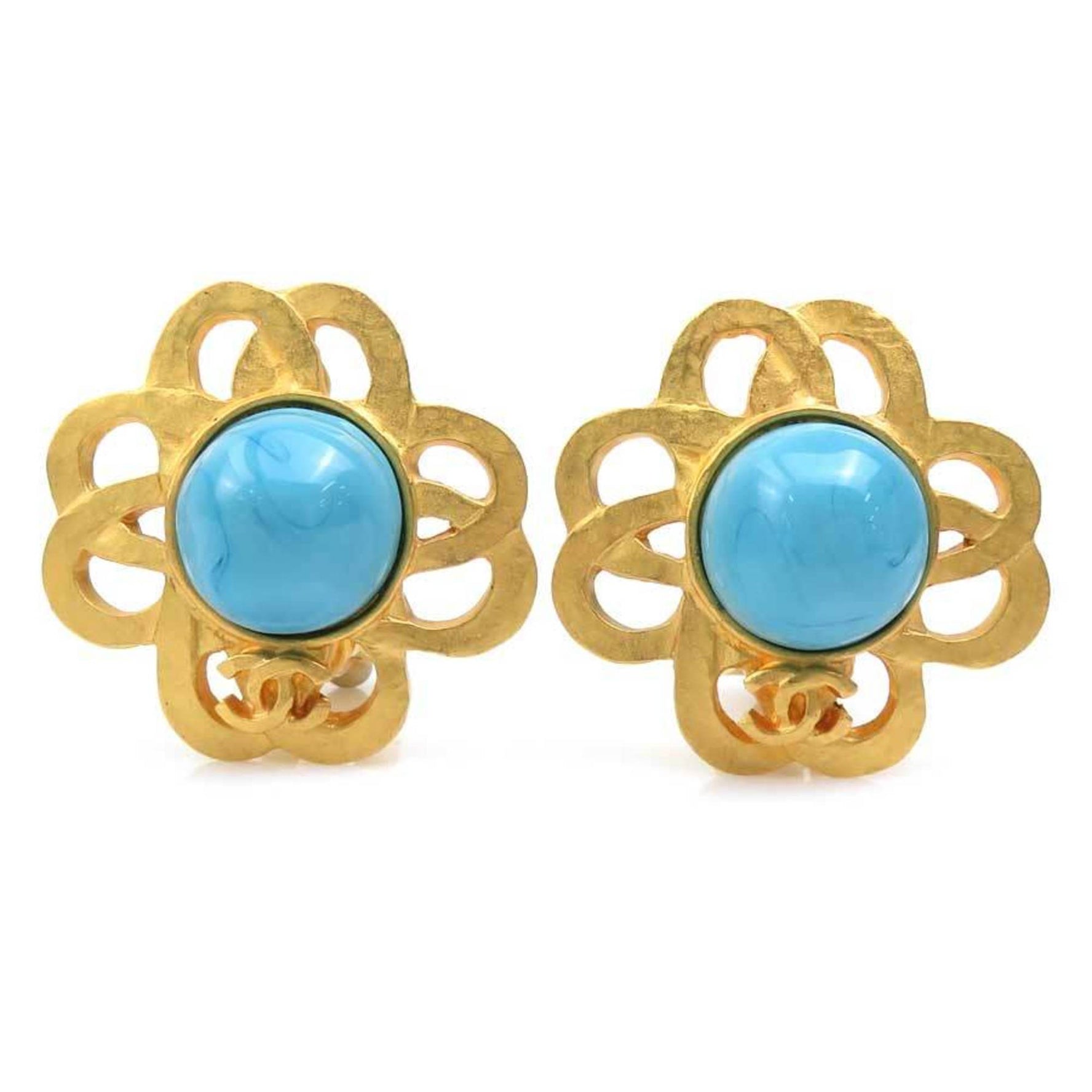 CHANEL Coco Mark Metal Stone Earrings in Gold and Blue