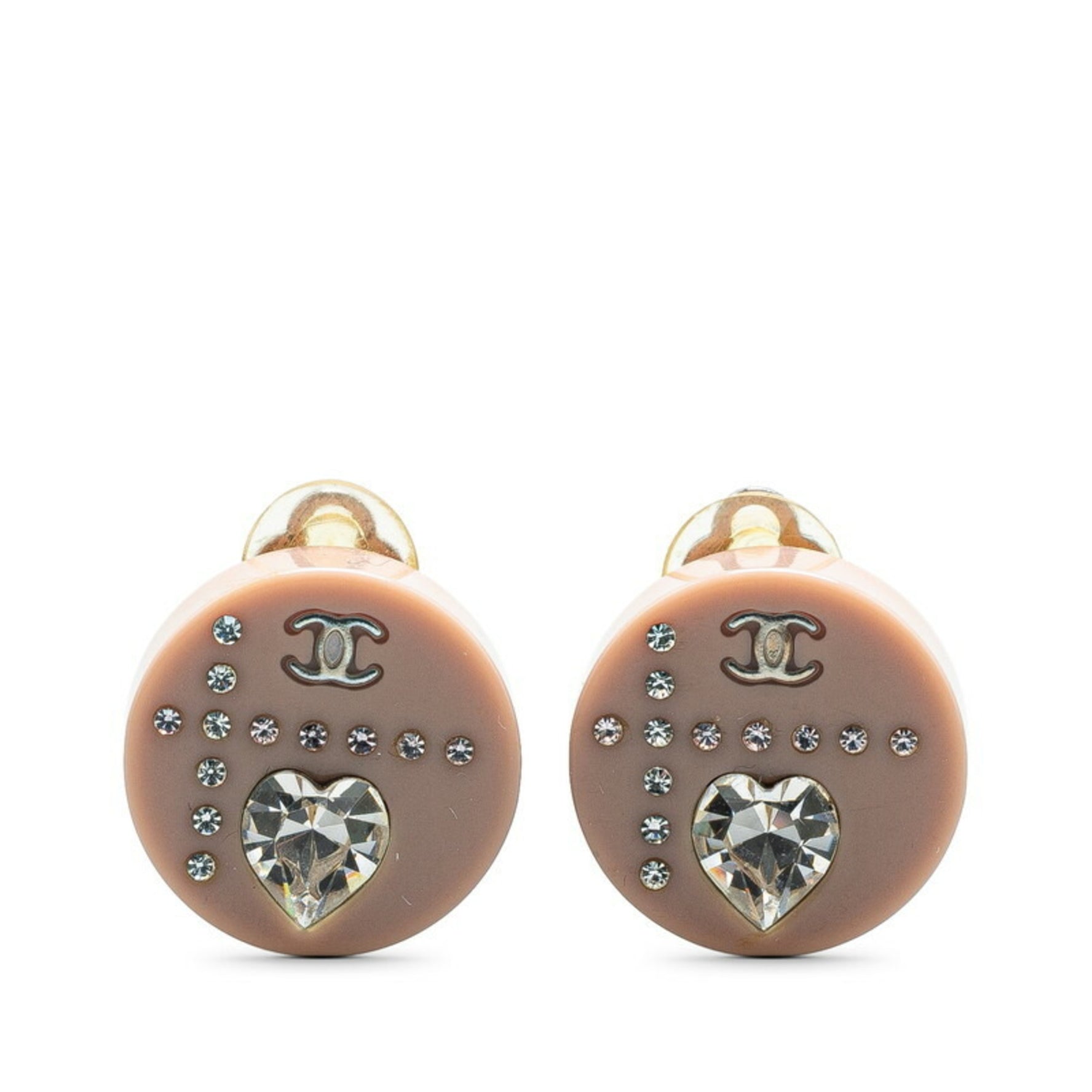 Chanel Coco Mark Heart Motif Rhinestone Earrings Silver Pink Metal
