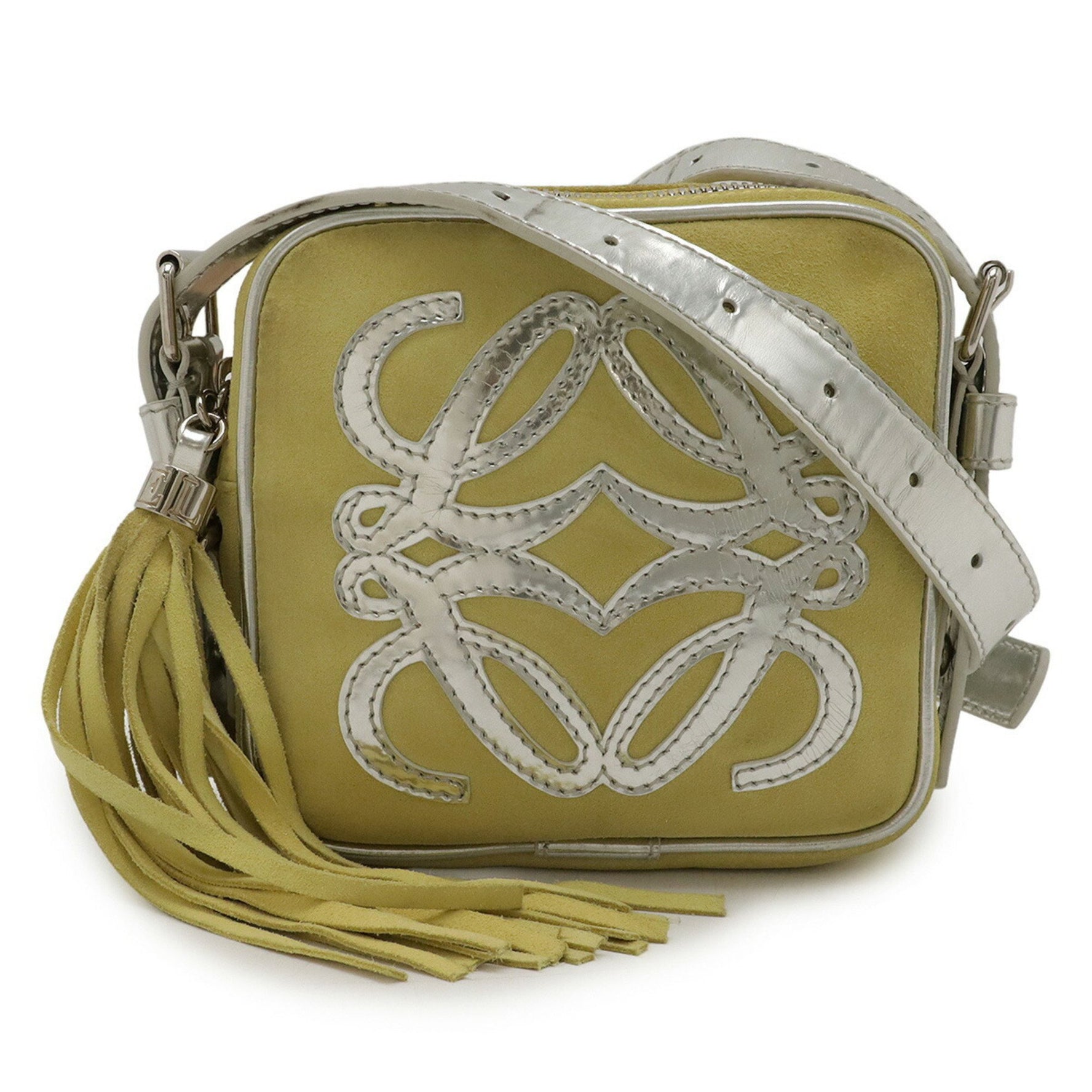 LOEWE Anagram Pochette Shoulder Bag with Tassel, Suede and Leather, Yellow Metallic Silver