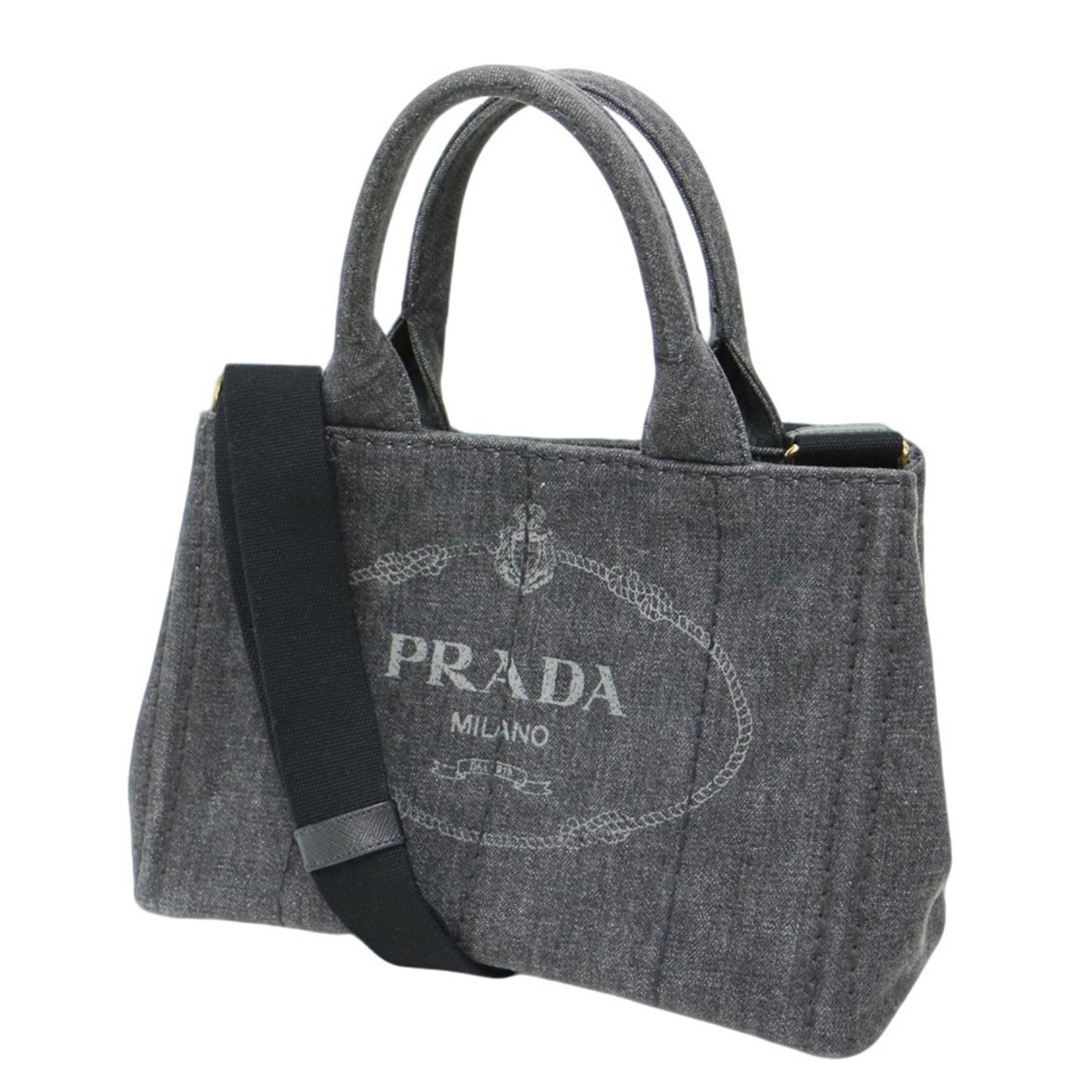 PRADA Bag Black NERO Canapa Denim Tote CANAPA Handbag Shoulder Print Fashion