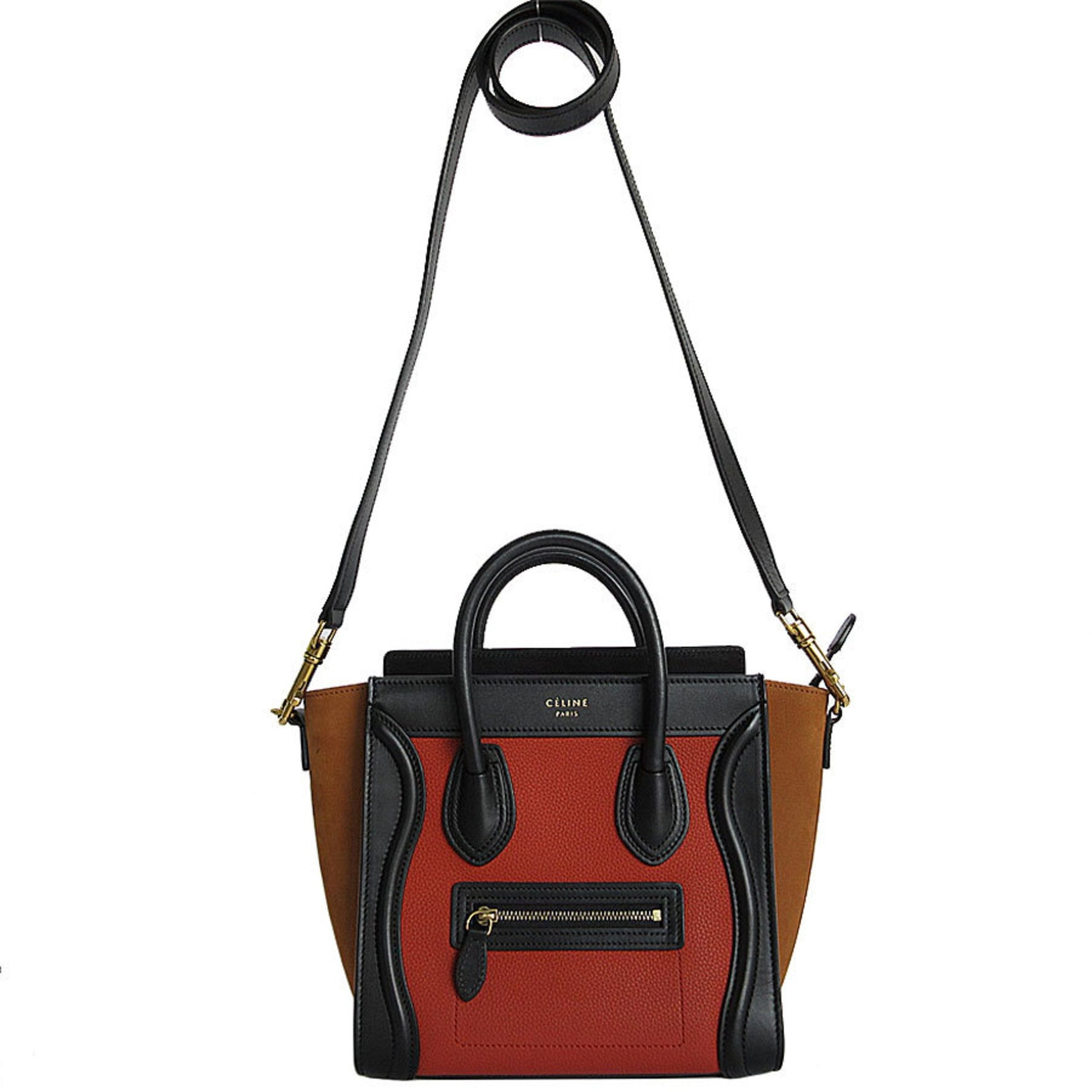CELINE handbag shoulder bag luggage nano shopper leather brown black gold
