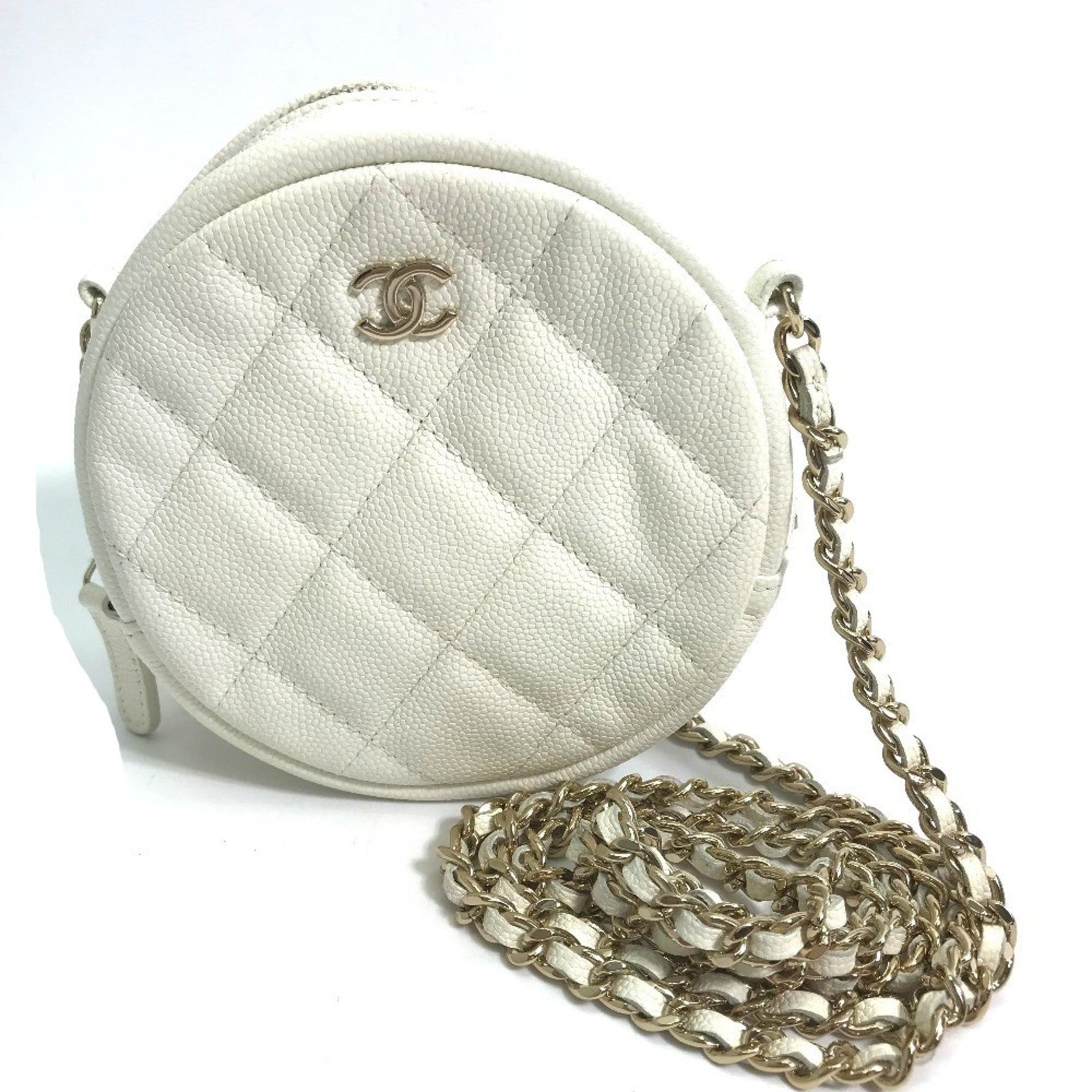 CHANEL CC Coco Mark Pochette Matelasse Quilted Round Chain Shoulder Bag in Caviar Leather, White