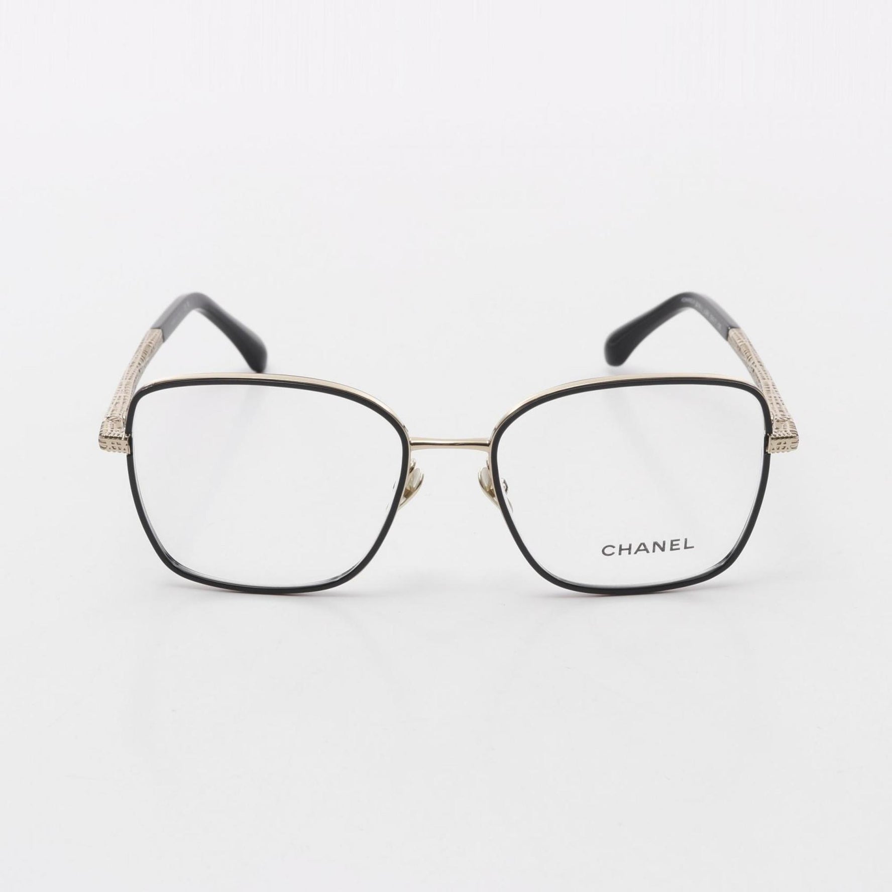 CHANEL Square Shape Optical Glasses, Plastic, GP, Black and Gold