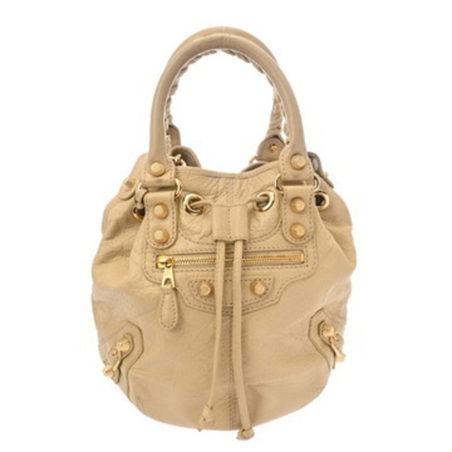 BALENCIAGA Giant Mini Pompon Beige Leather Handbag with Gold Hardware, Condition: AB, Pre-Owned, Ginzo