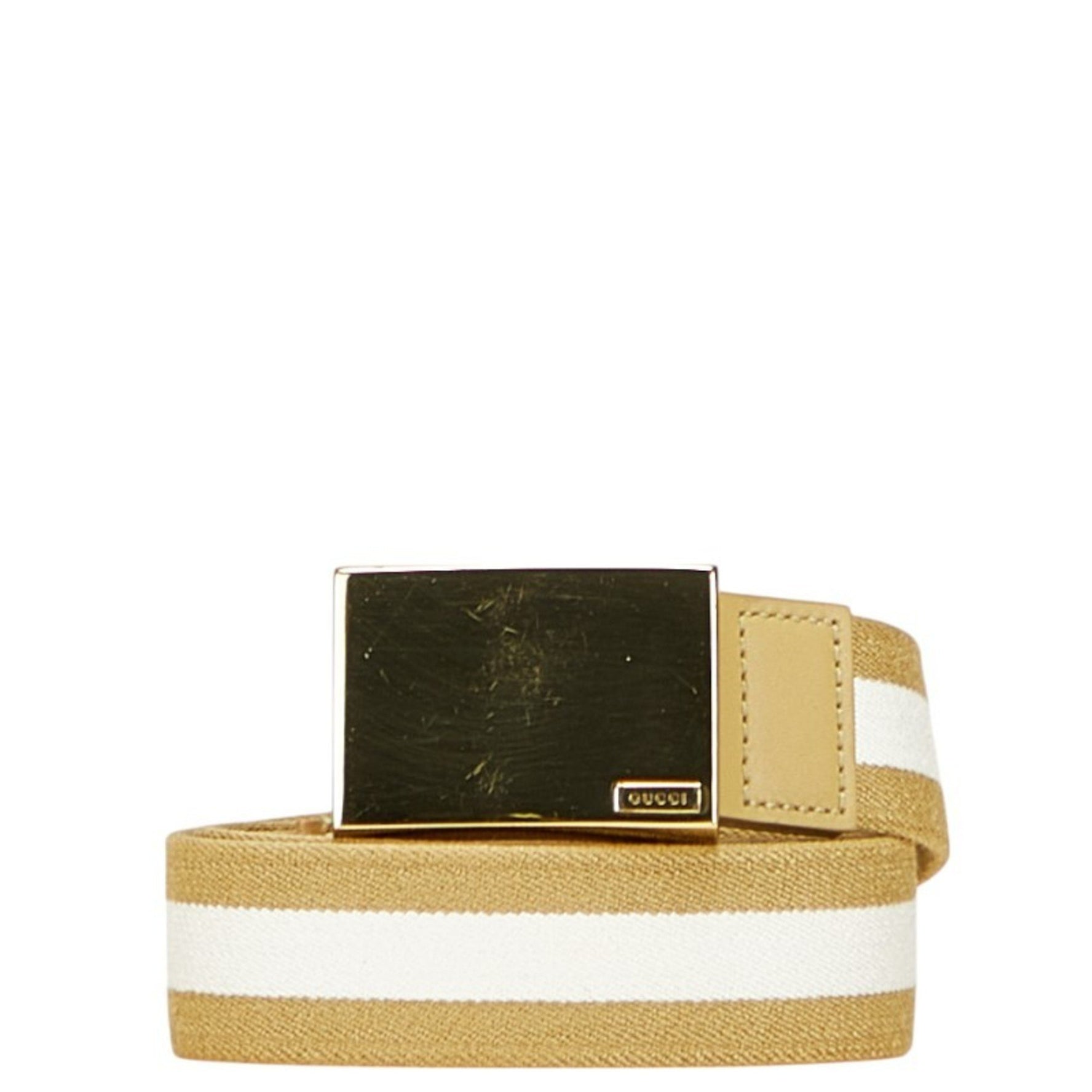 Gucci logo belt in green and white canvas leather .