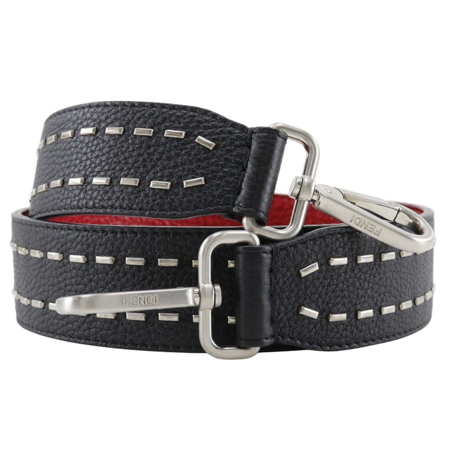 FENDI Celeria shoulder strap with studs, leather, black/red