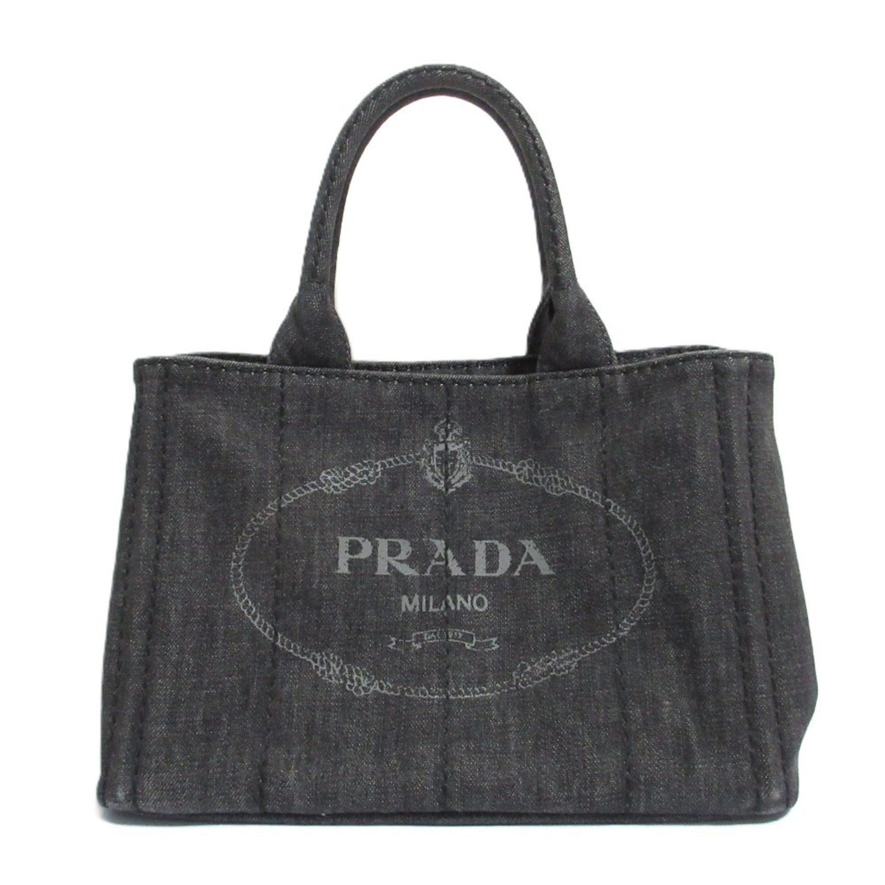 PRADA Canapa Triangle Logo Plate Tote Bag Shoulder with Gold Hardware
