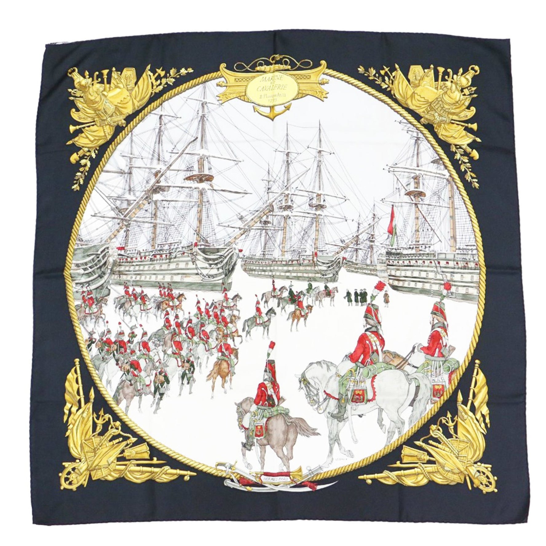 HERMES Carré 90 Marine and Cavalry Silk Scarf Muffler MARINE ET CAVALERIE Large
