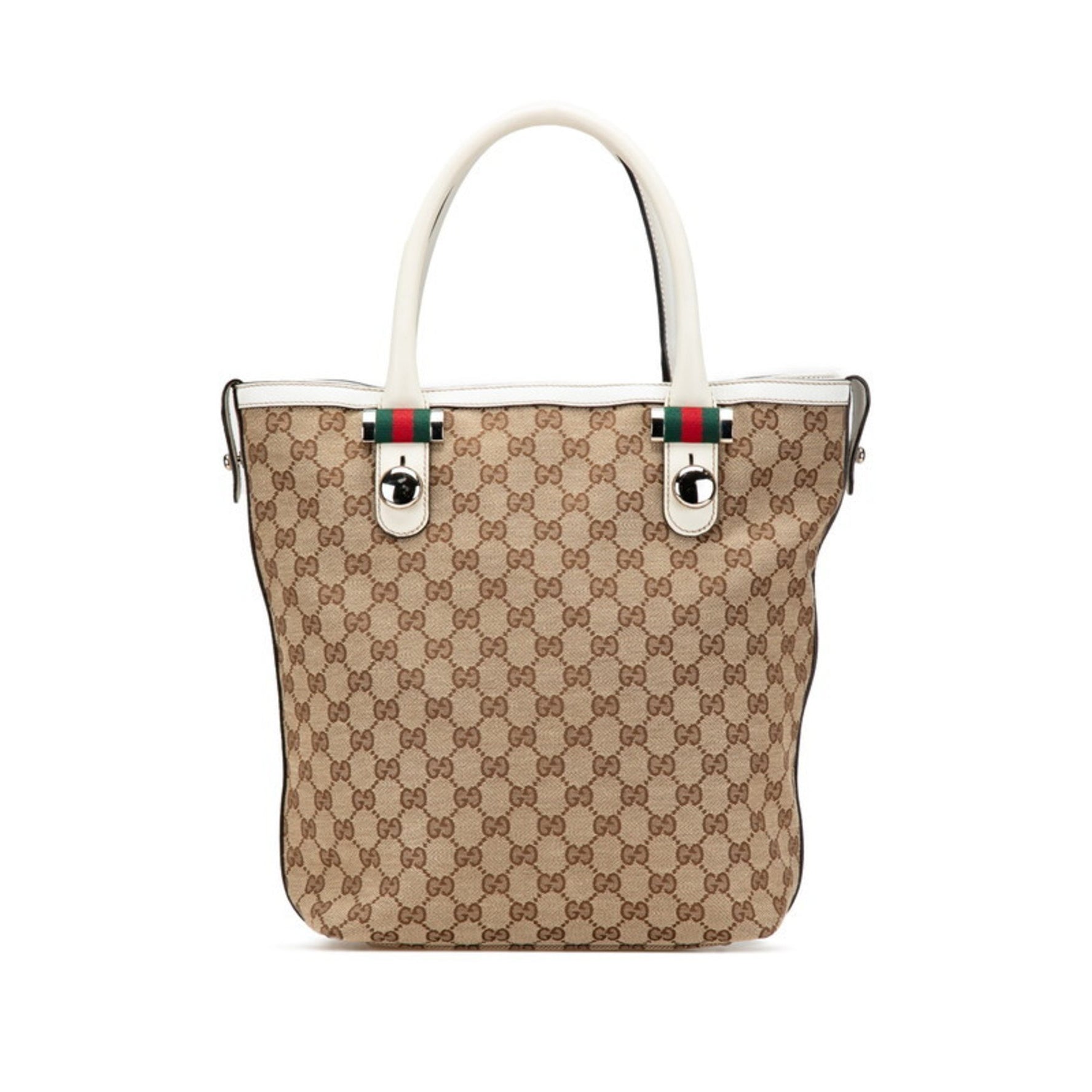 Gucci GG Canvas Sherry Line Tote Bag Beige White Leather
