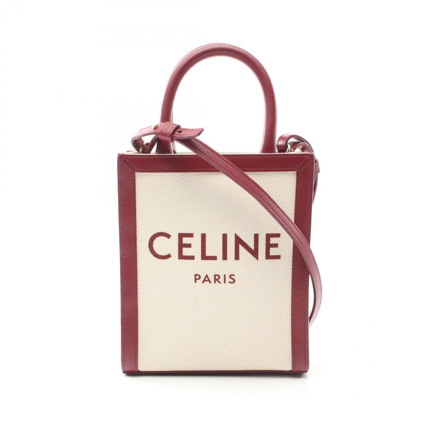 CELINE Mini Vertical Cabas Handbag Canvas Leather Ivory Bordeaux