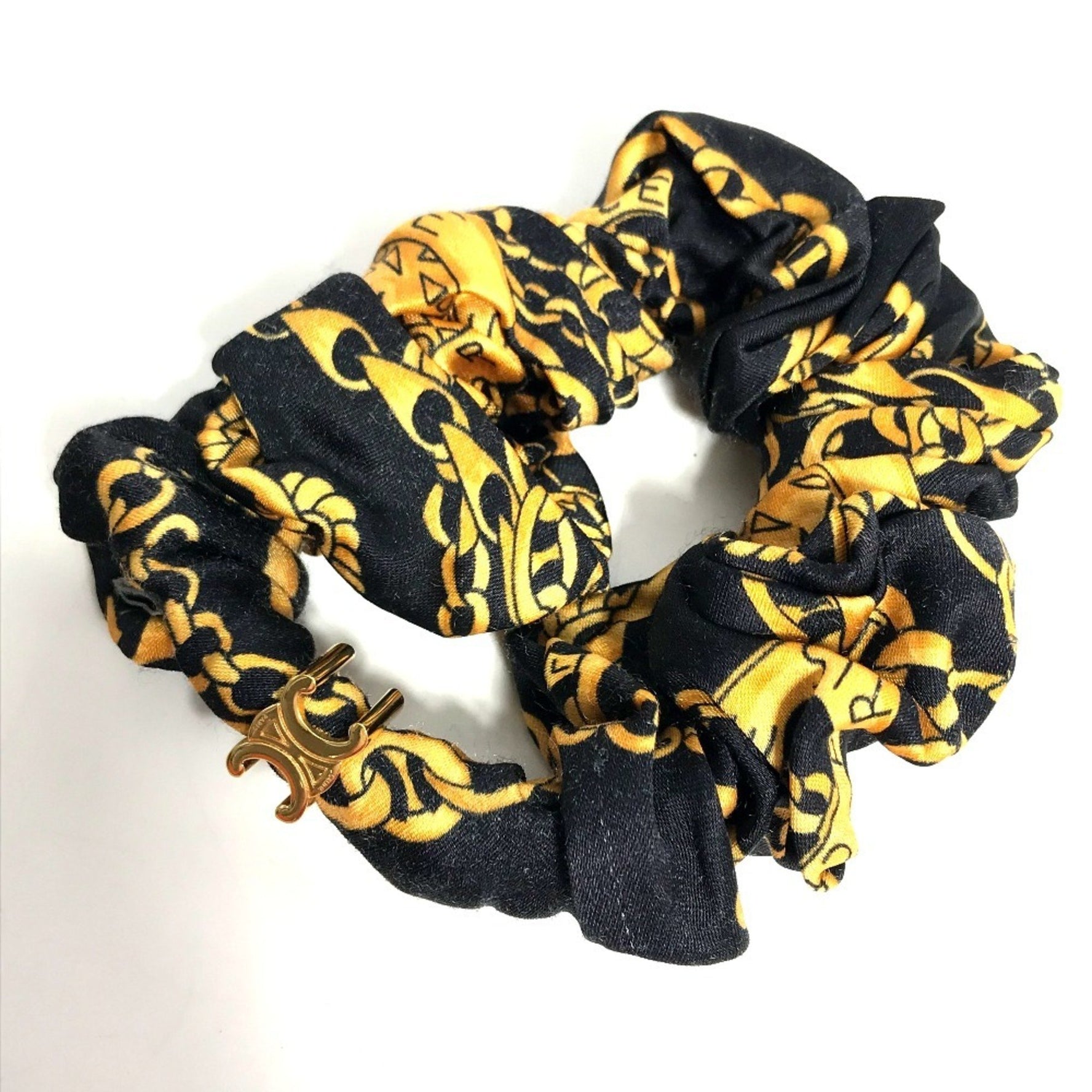 CELINE Hair Tie Chain Pattern Triomphe Scrunchie Silk Black