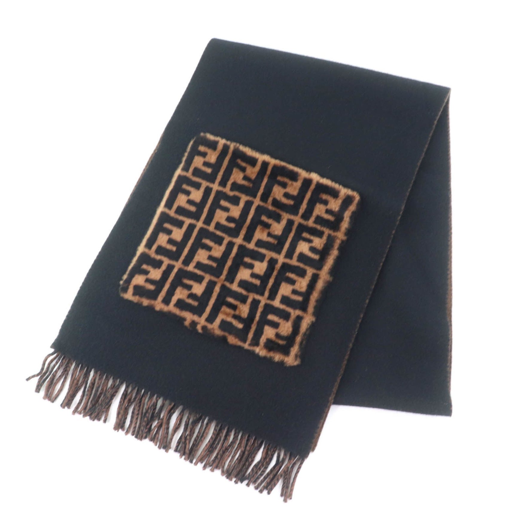 FENDI Cashmere Blend Zucca Print Scarf with Fur Pocket and Fringe, Black/Brown, Includes Dust Bag, Made in Italy