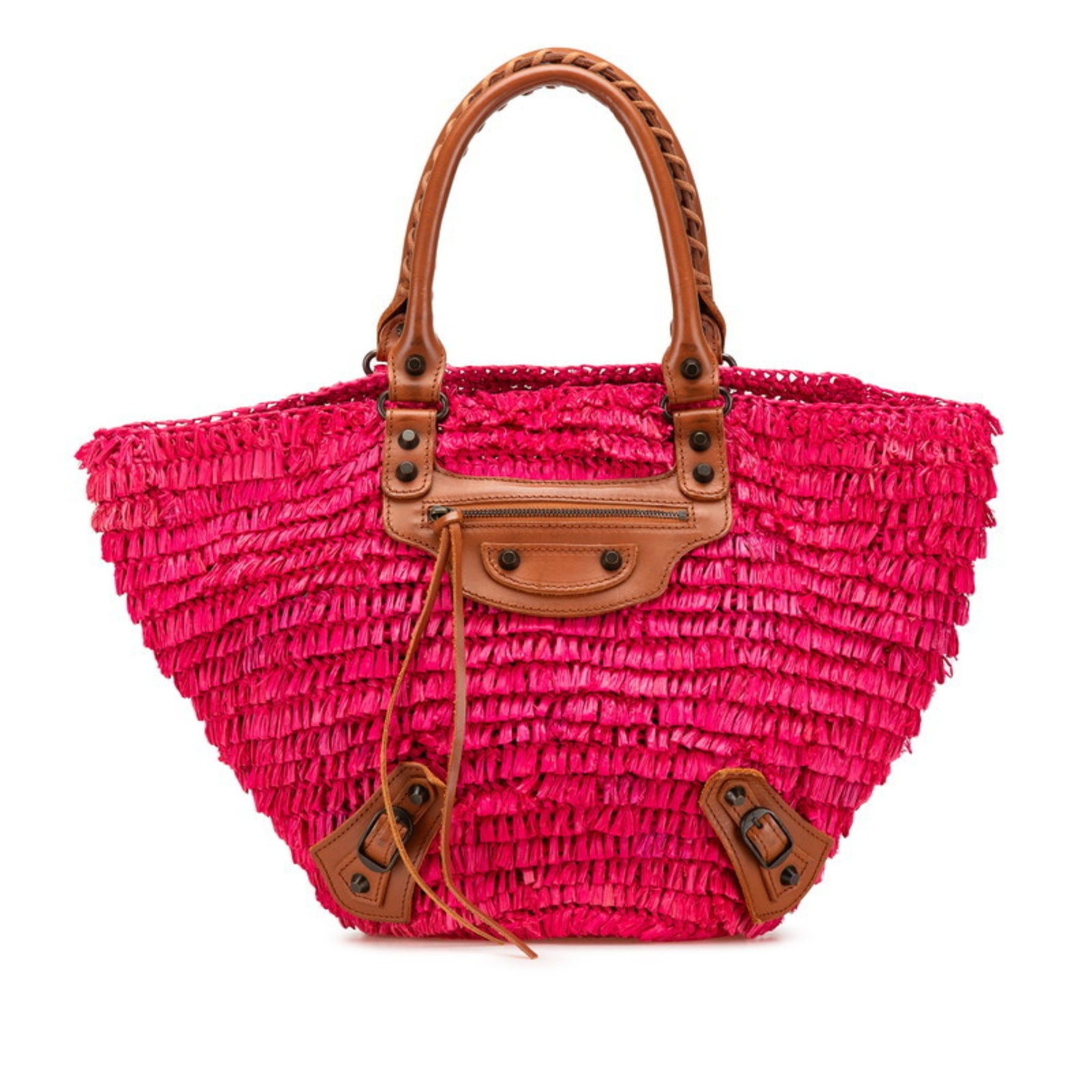 Balenciaga Handbag Basket Bag Pink Brown Raffia Leather