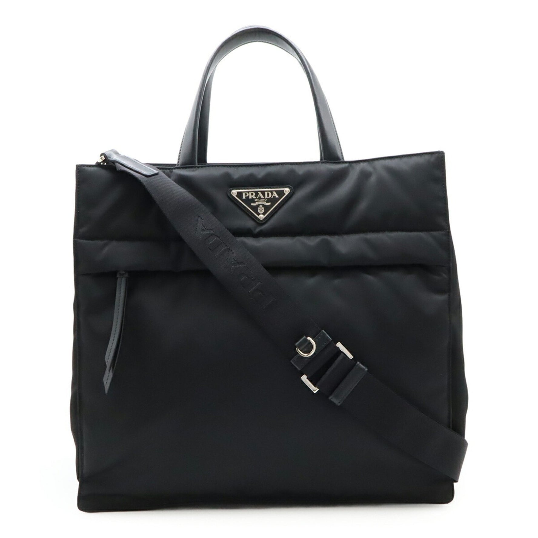 PRADA TESSUTO+VITELLO Triangle Shoulder Bag Tote Nylon Leather NERO Black