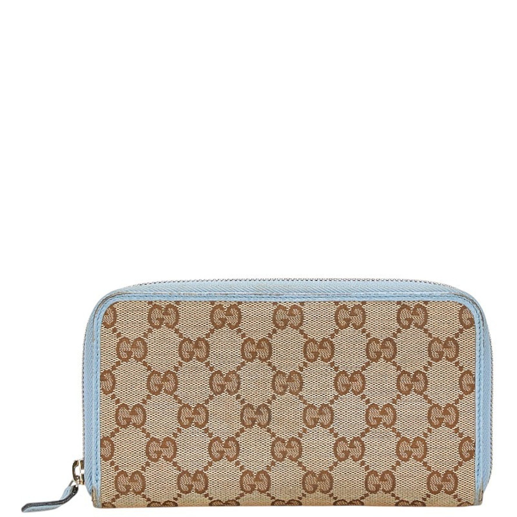 Gucci GG Canvas Round Zip Long Wallet Beige Blue Leather