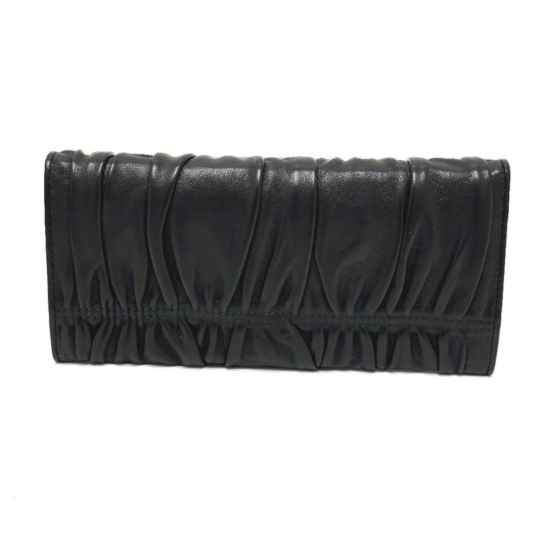 PRADA Logo Gathered Bi-fold Long Wallet Leather
