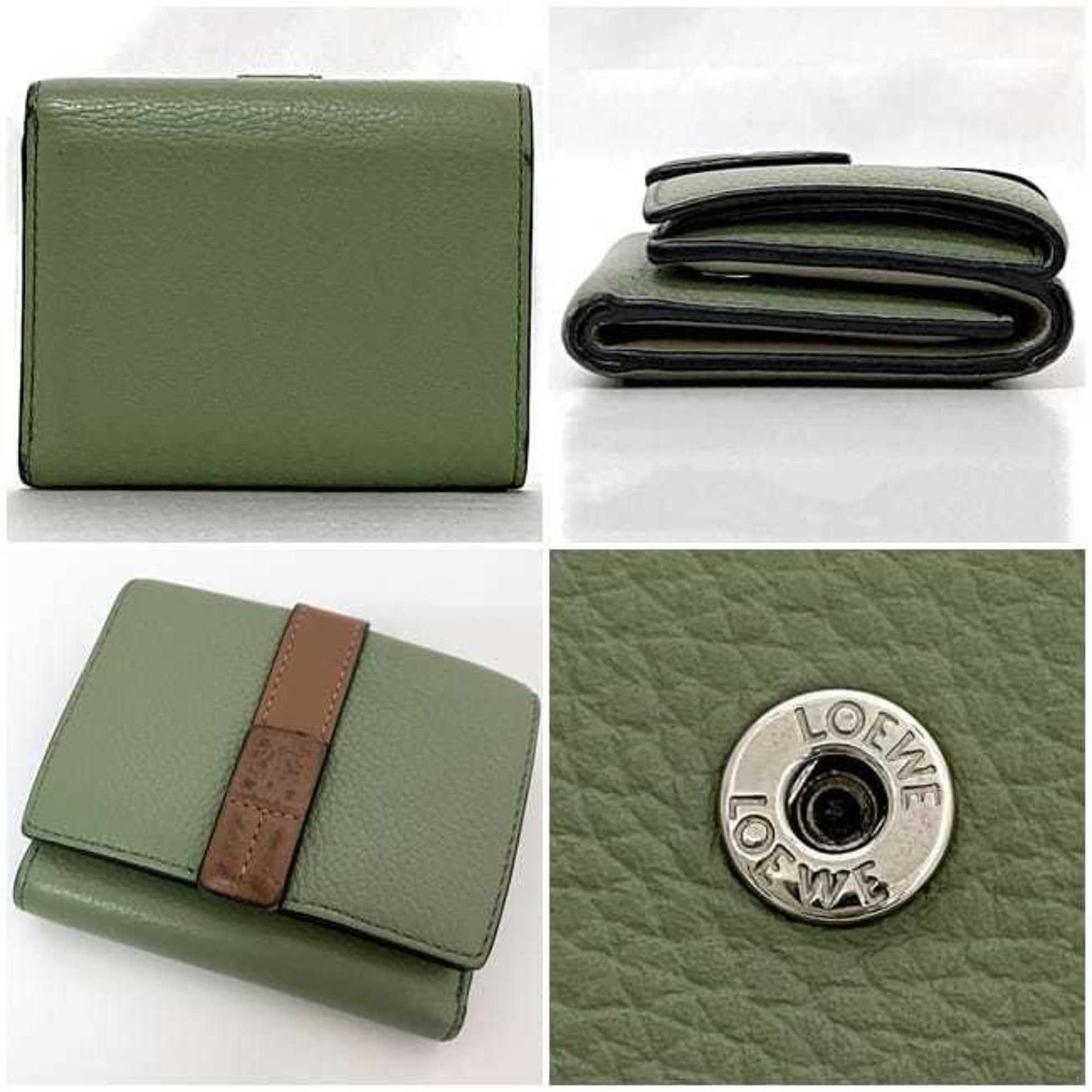 LOEWE Tri-fold Wallet Anagram Compact Leather Flap Brown Grain Men's Mini