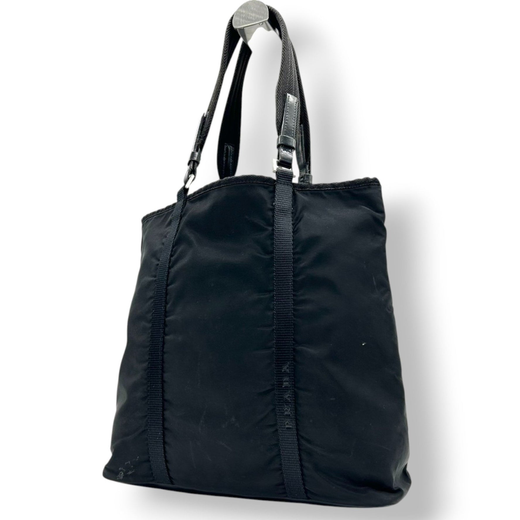 Prada Tote Bag, Black Nylon Tessuto, with Logo, Men's and One-Shoulder Triangle Logo Plate, Size