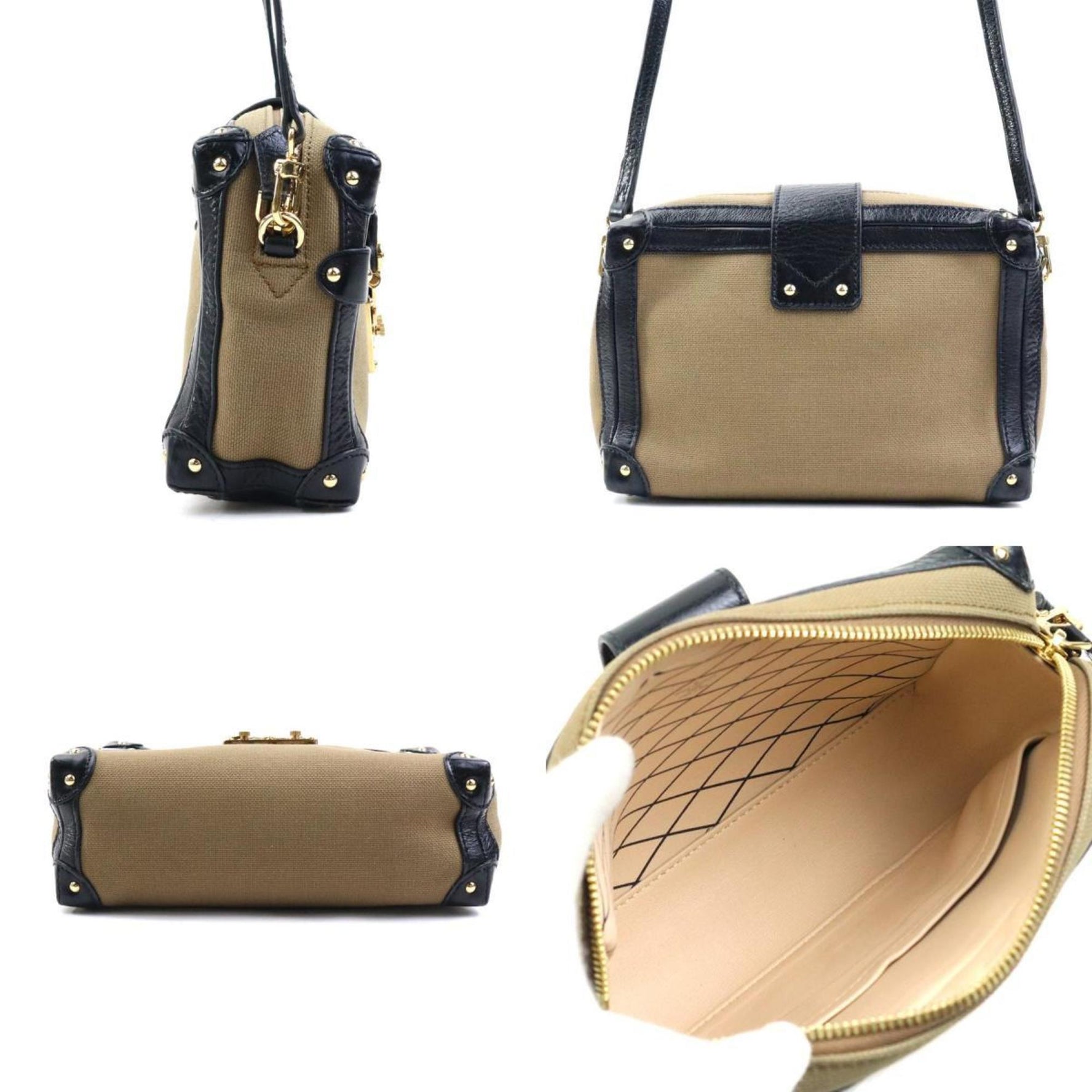 Louis Vuitton Shoulder Bag Petite Malle Soft MM Canvas Leather Khaki Black Silver