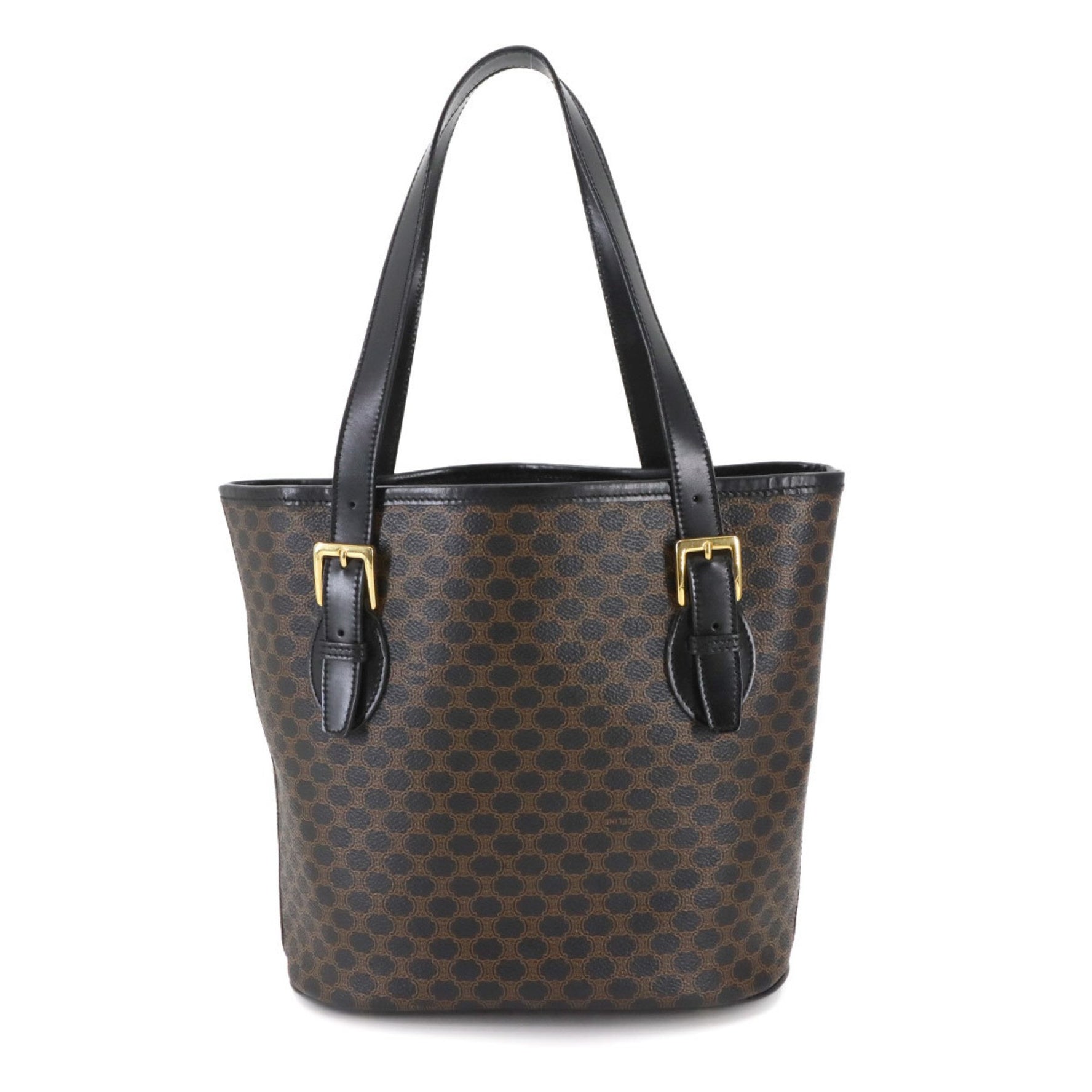 Celine Macadam Leather Tote Bag in Black, Brown, and Gold Hardware