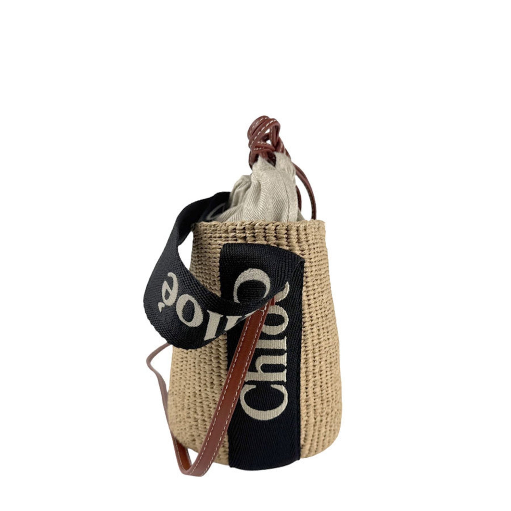 Chloé Chloe Woody Small Basket Shoulder Bag/Handbag in Fairtrade Paper, Natural/Black/Brown