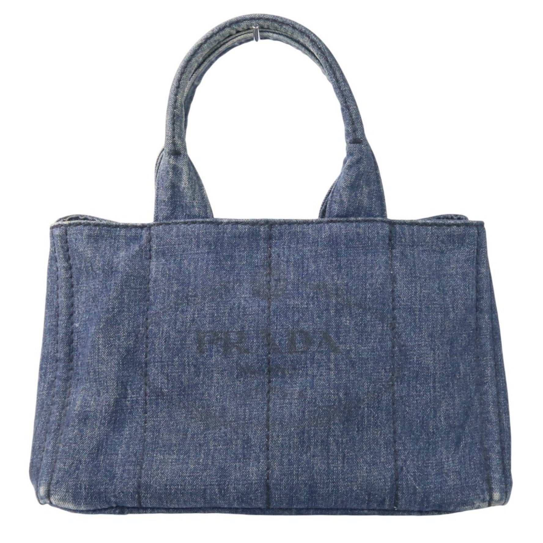 PRADA Canapa Triangle Logo Plate Denim Tote Bag Indigo Women's