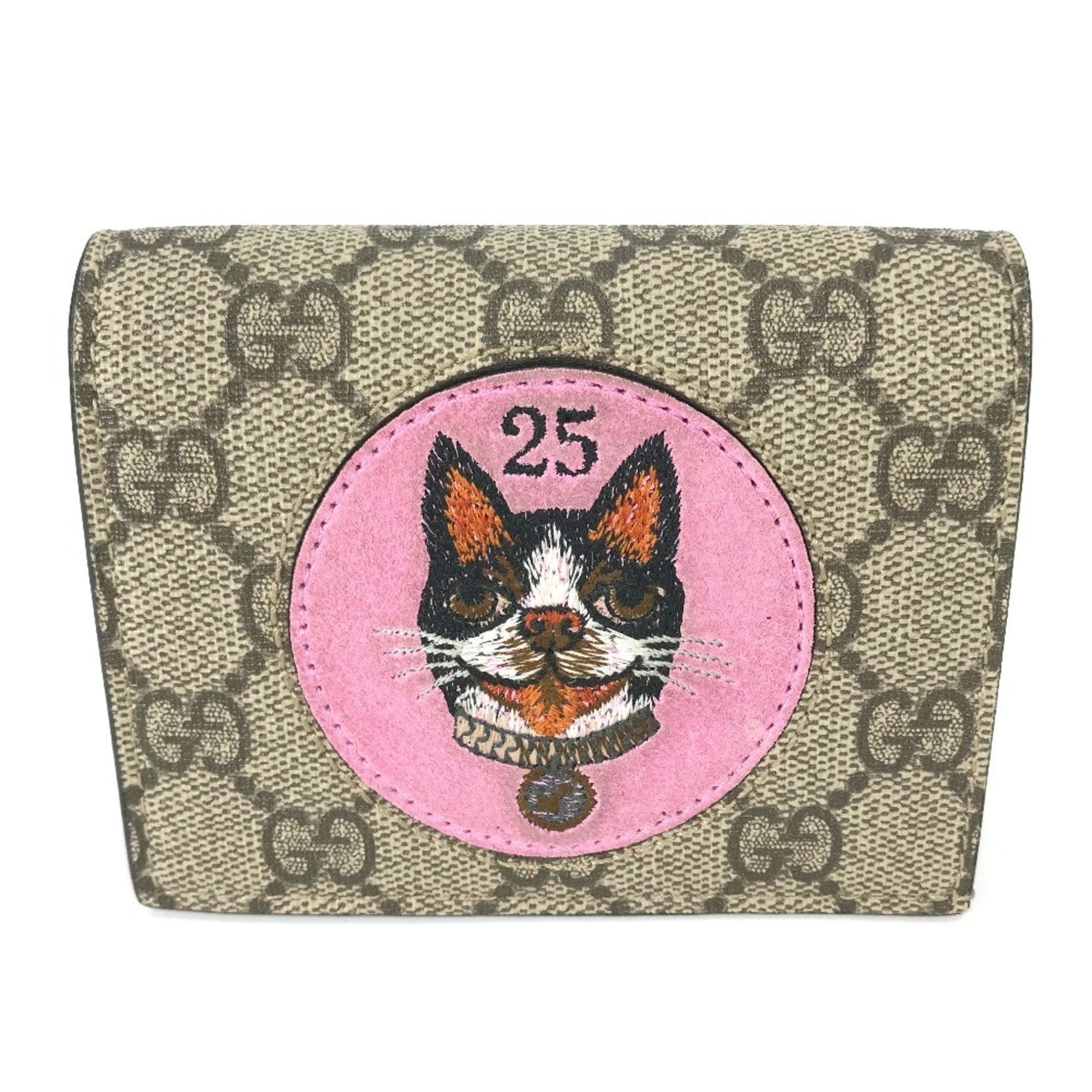 GUCCI GG Supreme Bosco Appliqué Dog Compact Wallet, Bi-fold Canvas, Beige/Pink