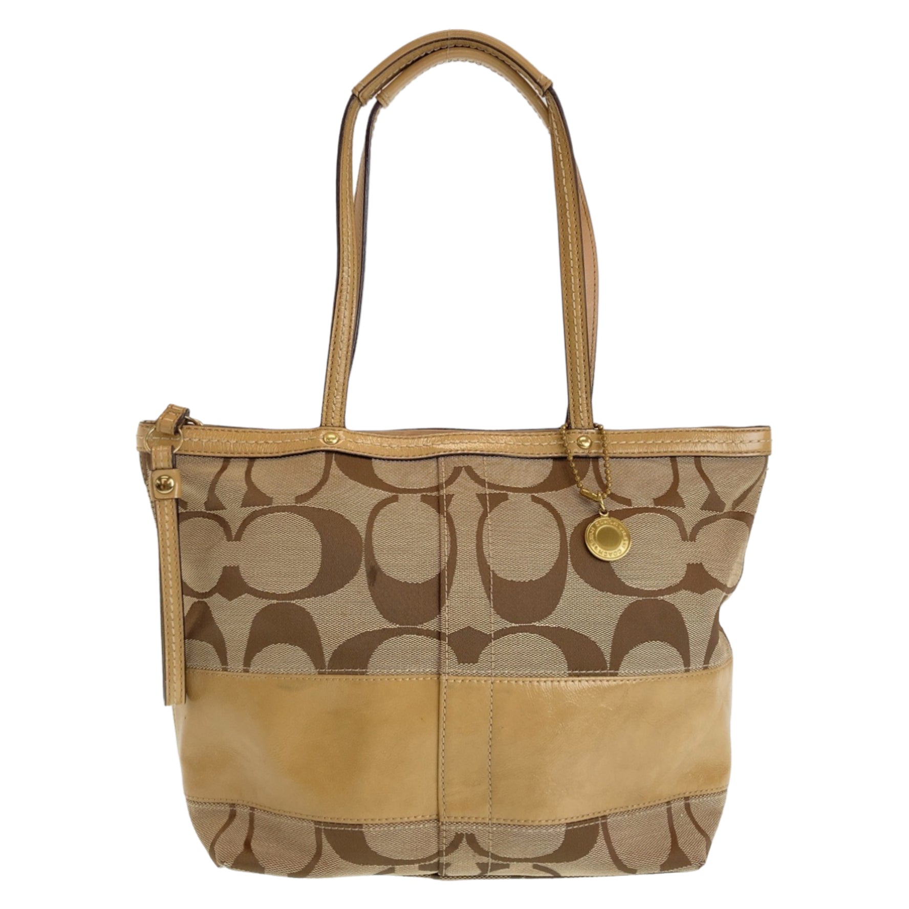 COACH Signature Beige Brown Pink Gold Hardware Canvas Leather Tote Bag Shoulder