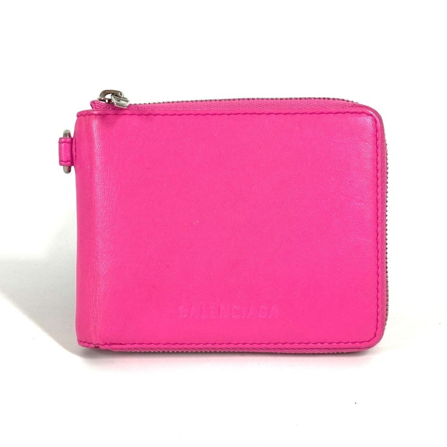 BALENCIAGA Compact Wallet with Logo Strap, Round Zipper, Bi-Fold Wallet, Leather