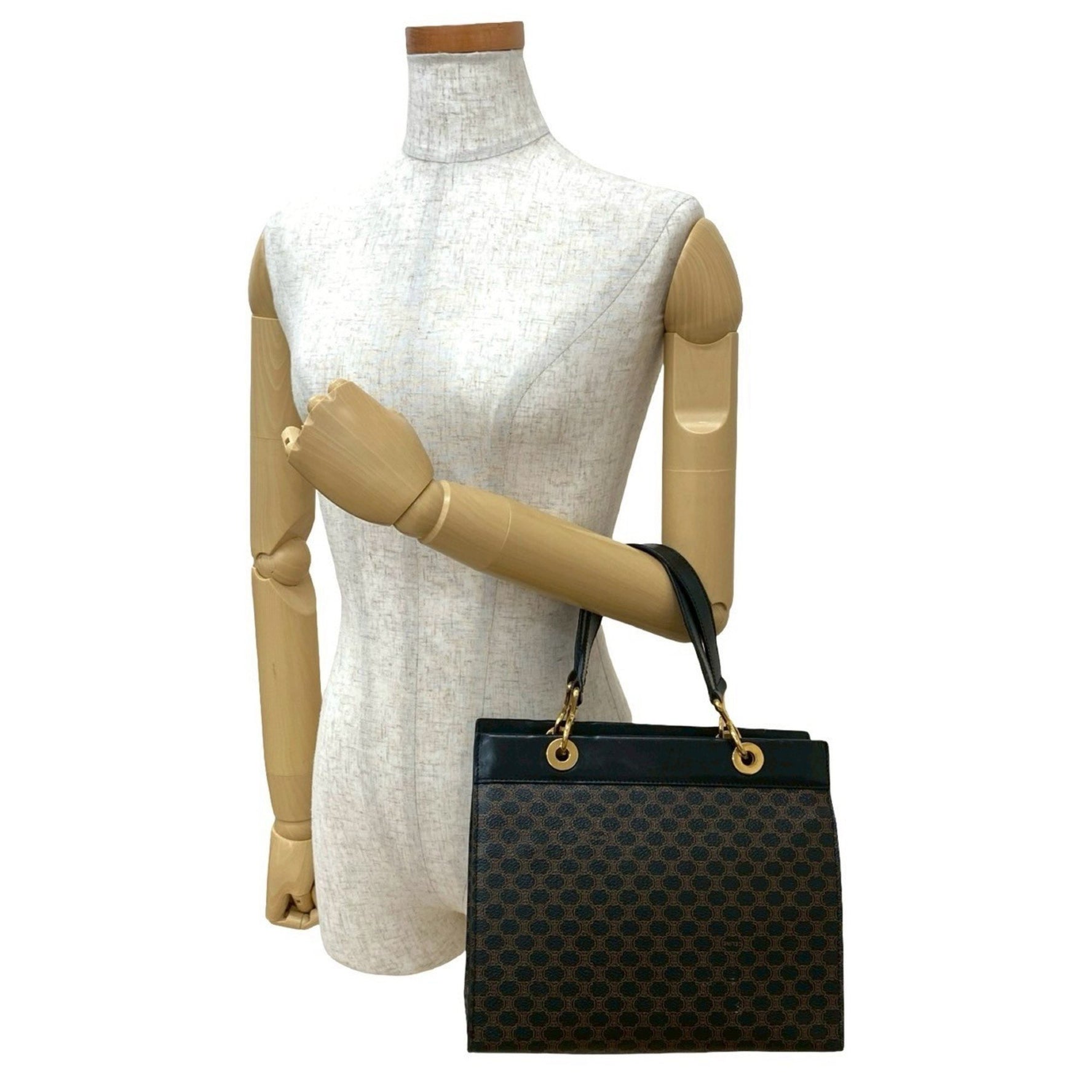 CELINE Macadam Blason Pattern Leather Handbag/Mini Tote Bag, Black/Brown