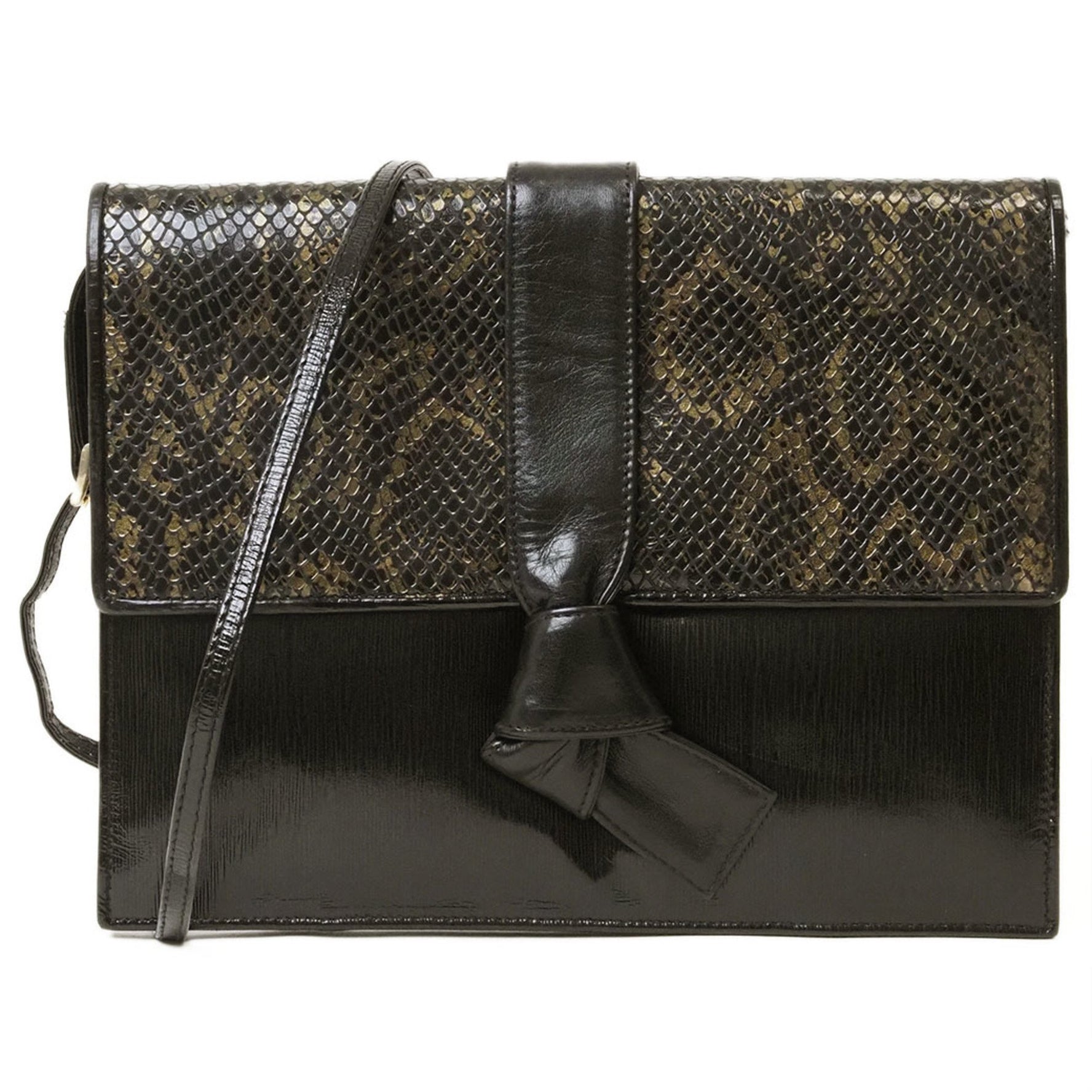 FENDI Pochette Shoulder Bag Black Gold Patent Leather