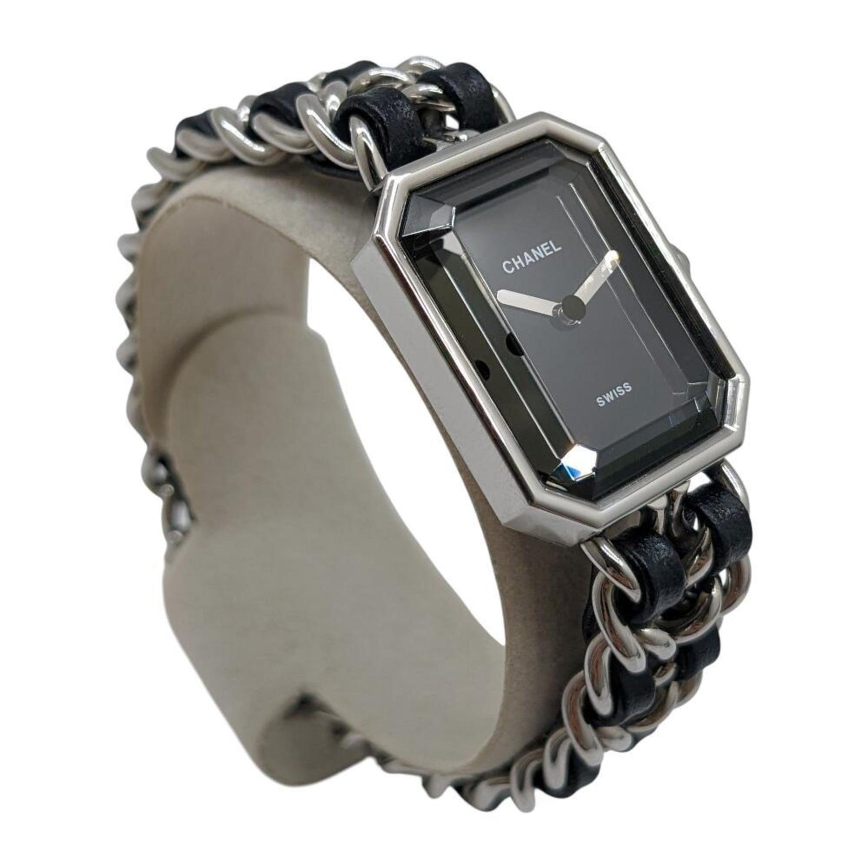 CHANEL Premiere Silver SS Black Dial M-L S Metal Fittings Leather Quartz Wristwatch Watch