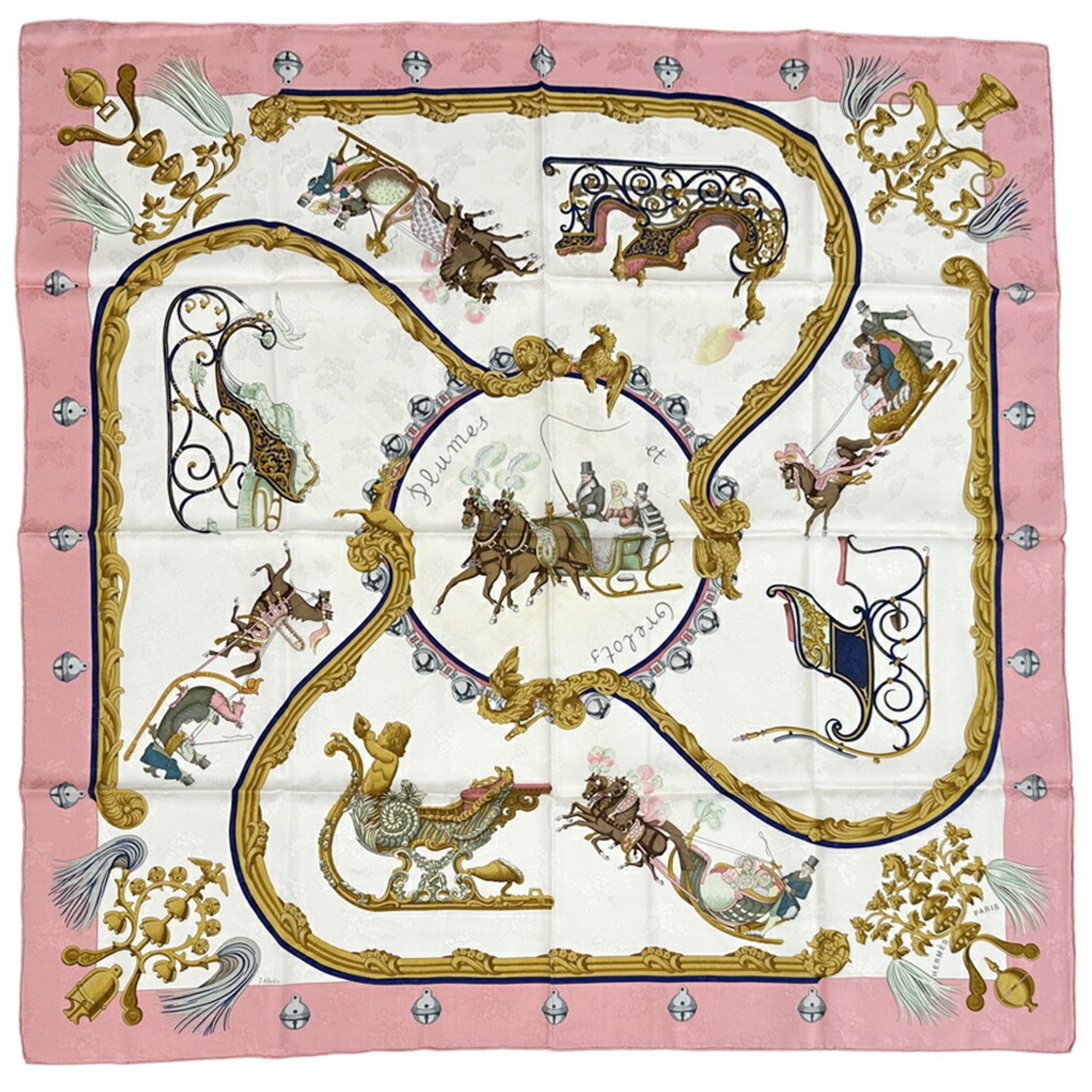 Hermes Hermès Carré 90 Scarf, "Plumes et Grelots" (Feathers and Bells), Silk, Pink, Multicolor, Horse, Sleigh Design