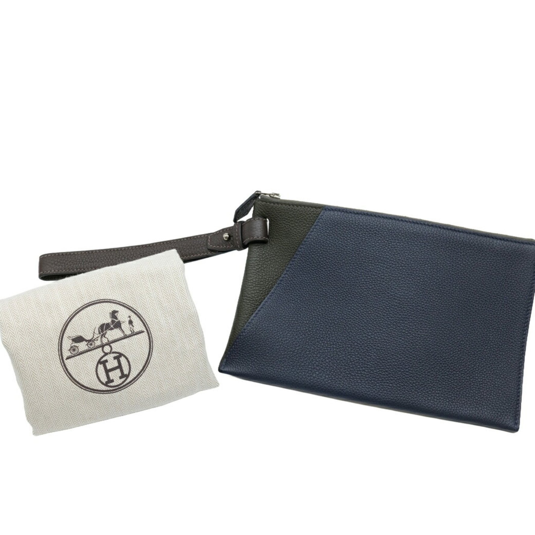 HERMES Cabas Vertige 24 Clutch Bag Second Togo Leather Navy Khaki Brown