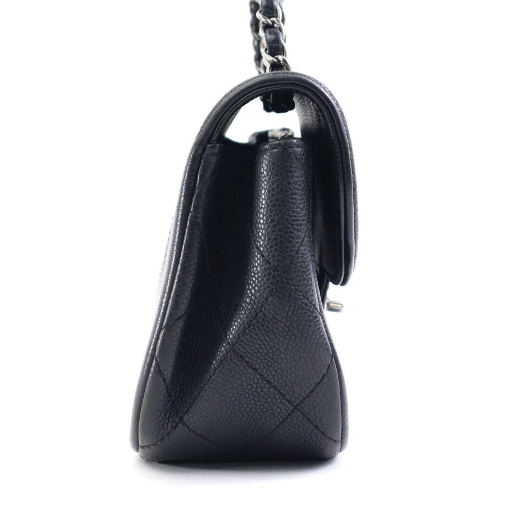 CHANEL Shoulder Bag Caviar Skin Leather Silver