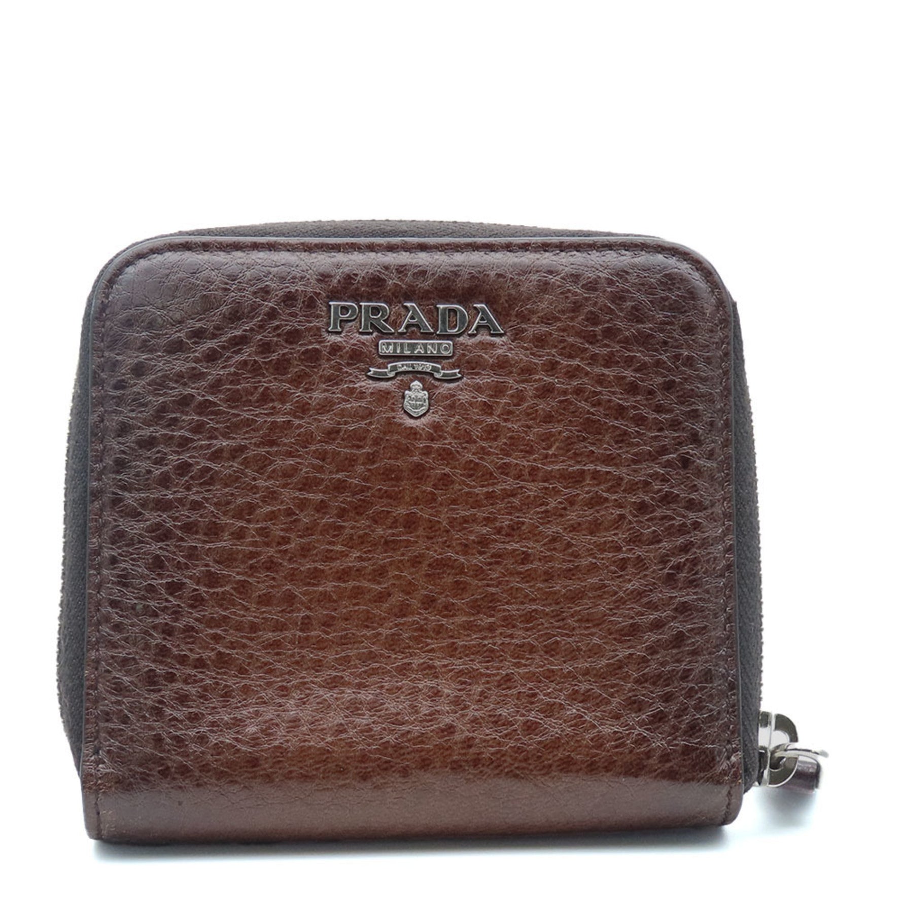 PRADA Bi-fold Wallet Leather CACAO Brown Compact Round